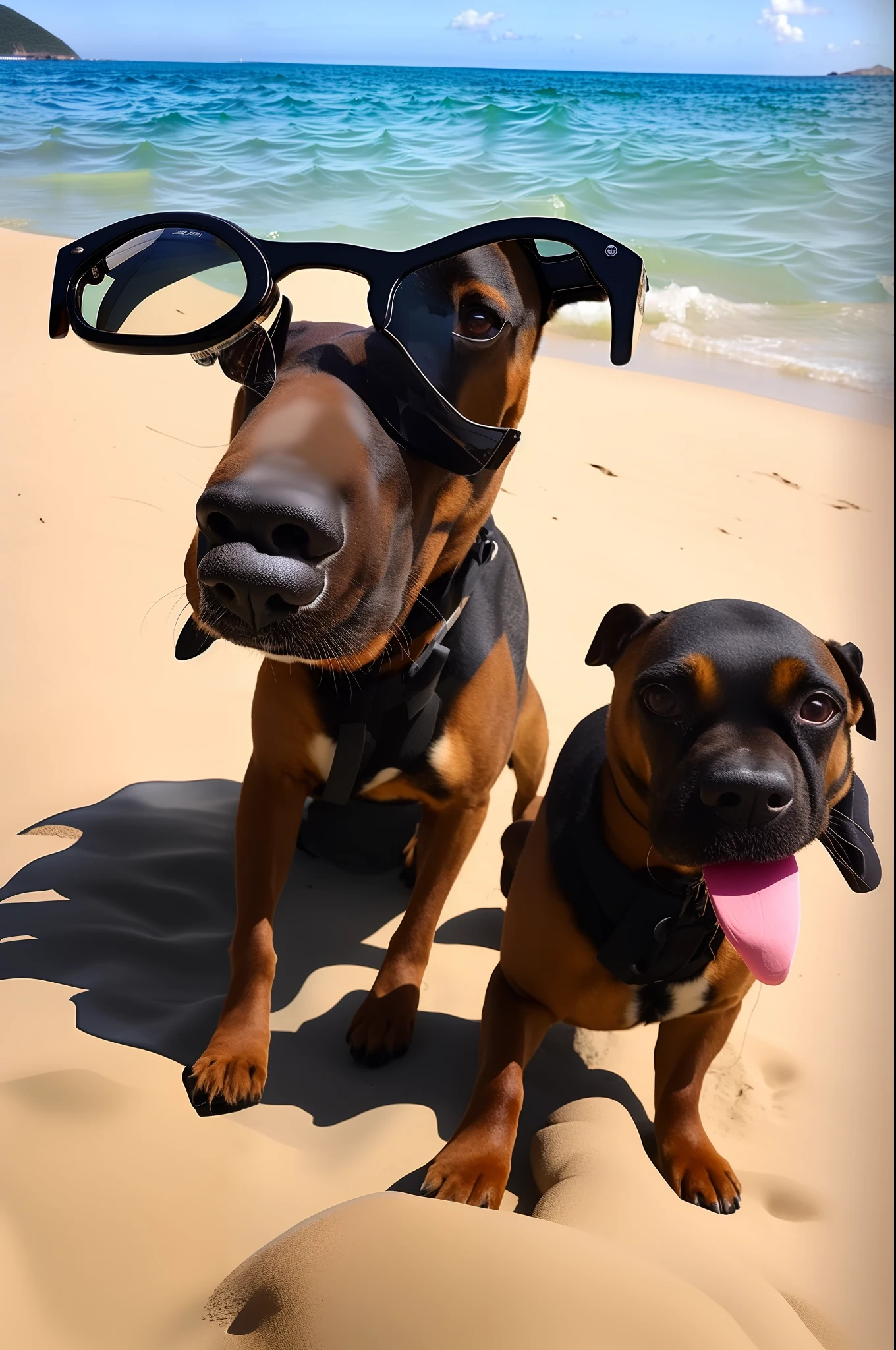 Cachorro caramelo usando oculos de sol, sentado em uma praia ao lado de um castelo de areia.