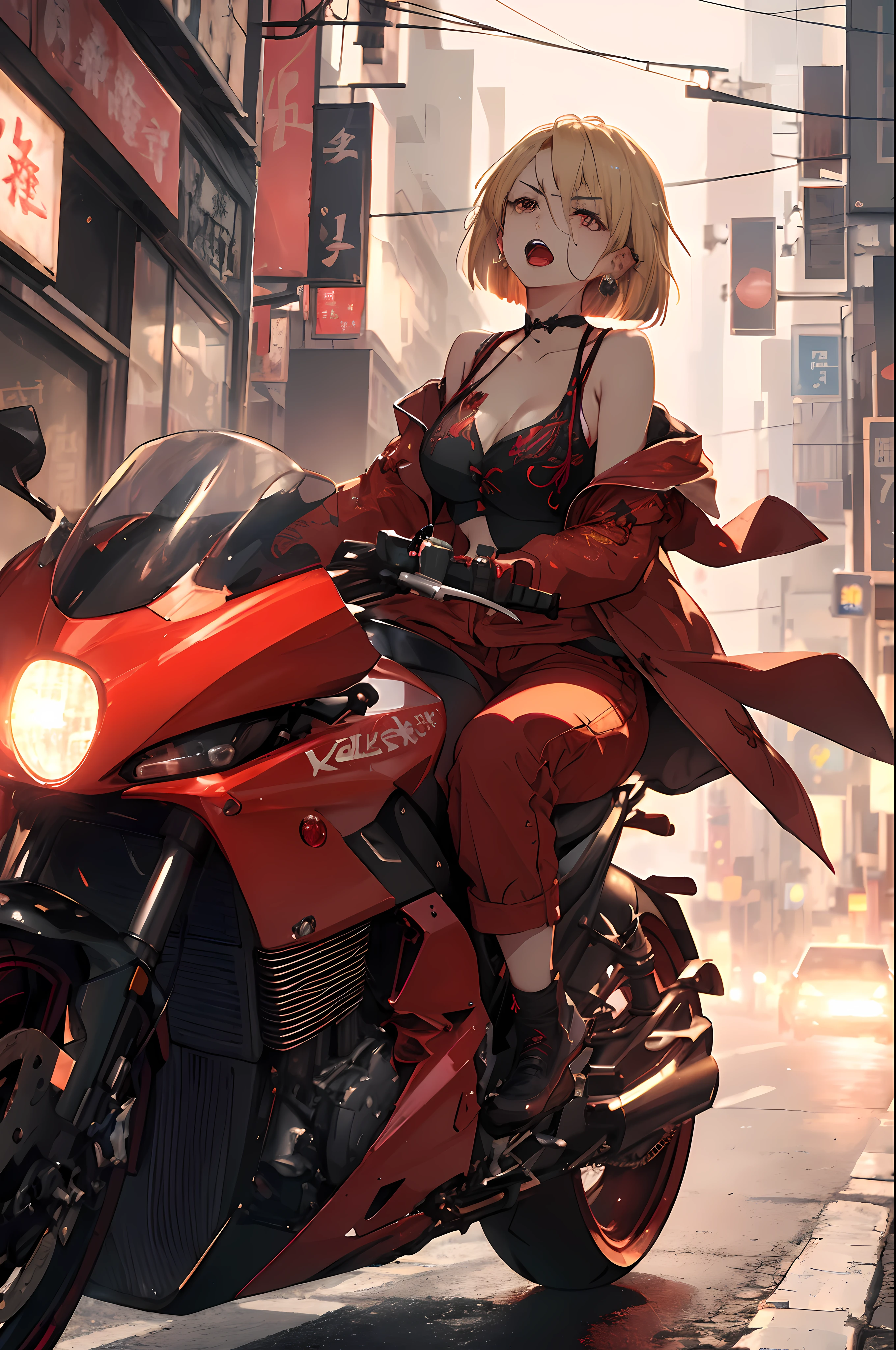 (​master piece:1.4),ultra-quality, Hyper Detailed,Perfect drawing,3D Photography,16K illustrations、(((clearface)))、((Hi-Res))、1 persons、femele、(((Riding a motorcycle)))、(((a blond)))、(((a short bob))),The tattoo、(((Whitening skin)))、((Violet lipstick))、(Raised corners of the eyes)、((Outrage:1.1))、((chin raised))、(((opens his eyes wide)))、((despise:1.2)),((glares:1.2))、((Big open mouth:1.2))、(((Shout loud:1.3)))、((Wrinkles between the eyebrows))、(numerous piercings in the ears), BREAK (Red Theme:1.5), ((Red Outerwear, Oversized red pants, Red baggy pants): 1.4), (She wears a long red coat with dragon embroidery over a black tank top:1.5), ((cleavage, 鎖骨) :1.2), ((Navel, ankle):1.3), (Pump 1.2), (earrings:1.2), (Chinese charactersa, Chinese charactersa:1.2),((Old Style Motorcycle:1.3)),((intersection)),((intersection))(((nocturnal)))、(Night)、in a street、(neon signs)、Bustling street、((A sense of annihilation))、(((Dynamic Actions)))、Detailed drawing、Sense of speed