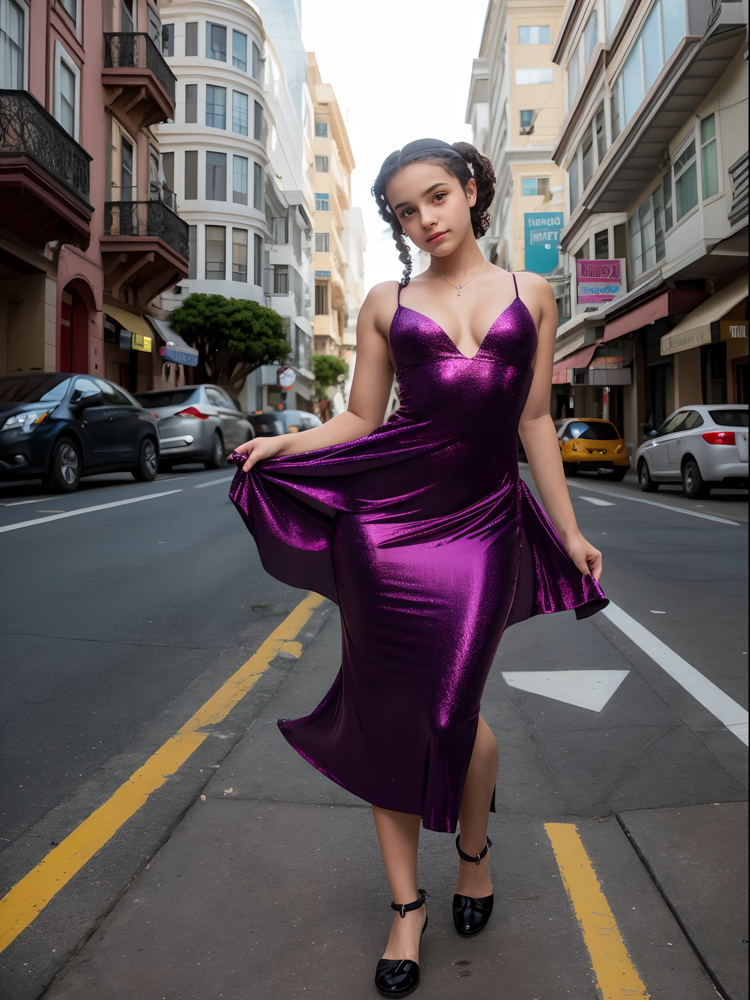 Araffe no vestido preto, salto alto, (((Daphne Hopkins))) Is walking the streets of San Francisco, adolescente pequena, 18 anos, meninana quente, 4'10", modelo jovem bonita, corpo escuro, Pele brilhante, adolescente bonito sedutor, Garota sexy, Menina sexy,enina, Covinhas profunose sexy, 16k, canon, 50 millimeters