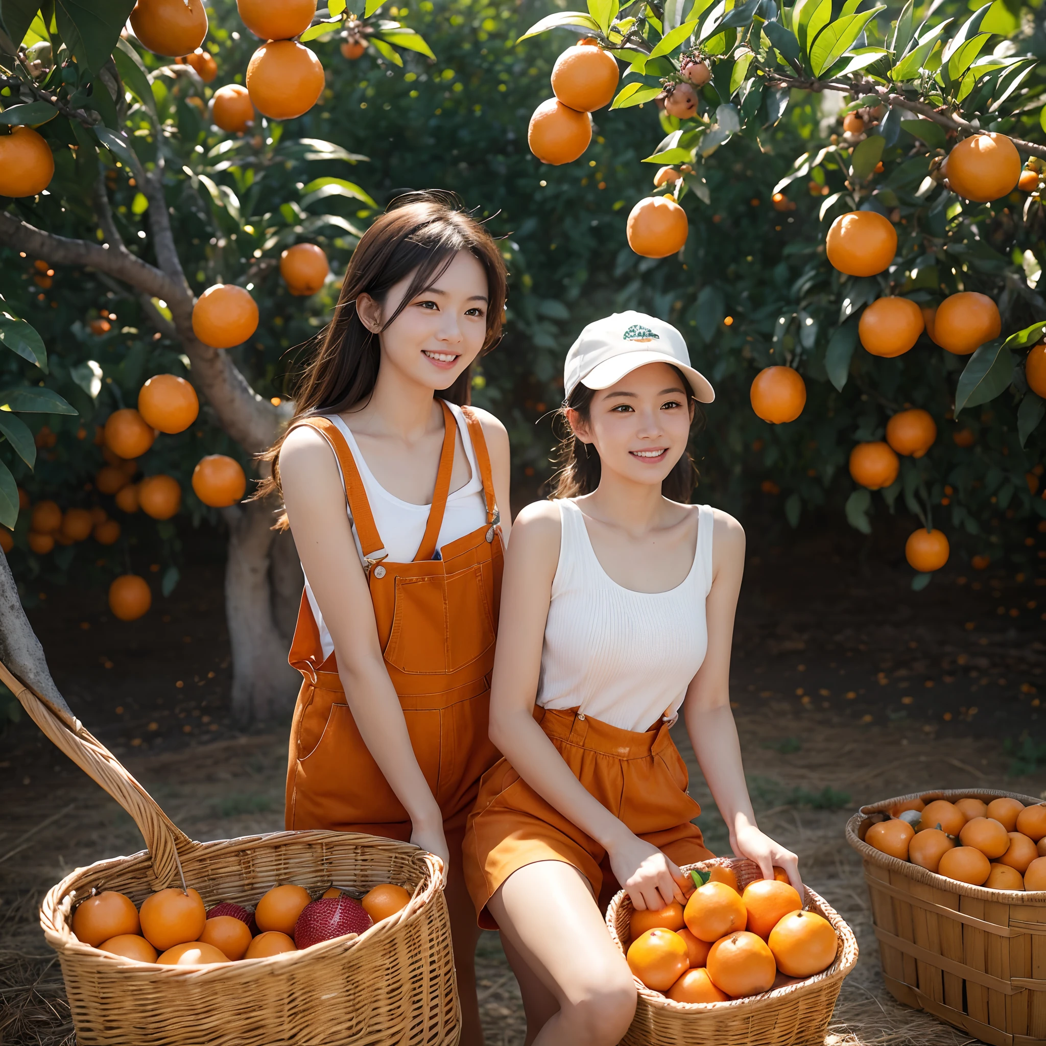 Autumn is coming，The farmers in the orange groves began to get busy。They wore orange overalls，Expertly picking oranges。Golden oranges gently slide down the trees，Like golden beads，Gently load into the basket。Take a look at these fresh oranges，The faces of the farmers were filled with the joy of a good harvest。 hyper-detailing，photography of