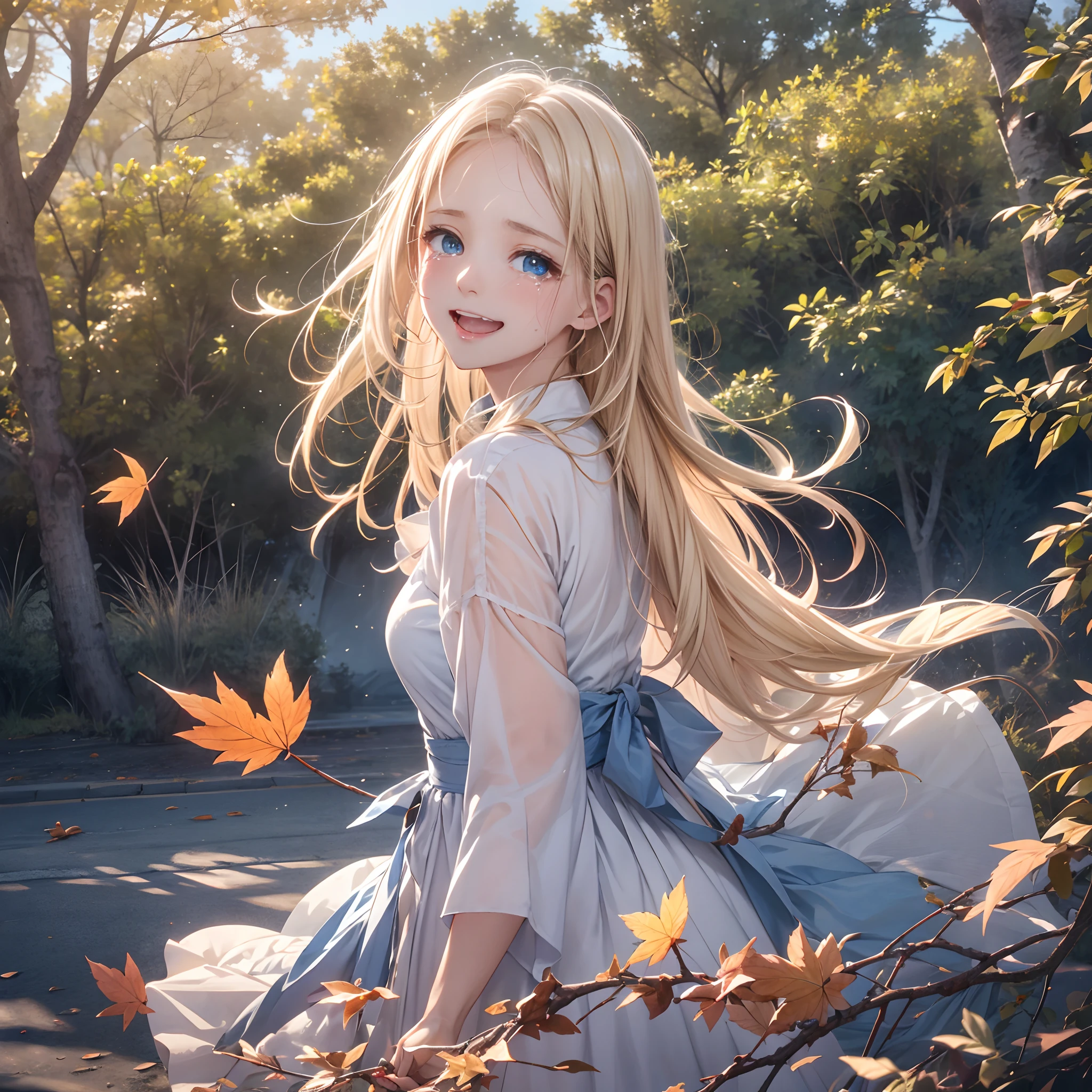 exquisitedetails, Highest quality 8K resolution, Ultra-detailed, Realistic, Vibrant colors, Soft tones, With warm and gentle lighting,(Smooth straight blonde hair:1.2),(Hair parted in the middle:1.2),(Glowing hair),(Deep Blue Eyes:1.3),(Crying and laughing:1.3),Looking back, Cool morning clouds quietly transport you to a sea of memories,The tree々The sunlight was slowly illuminating the space, The beauty of tears like multicolored glass,Someday it will be full of fallen leaves.,May God be pleased,I remembered the color of the nameless flower that withered on that road,Like the smell of summer grass、You'll feel like you're with them on a hot and humid afternoon,In the silence of Shiawase、I was speechless,A fragment of a star quietly waited for the beginning,Blowing in the early autumn wind,Someday it will be full of fallen leaves.,