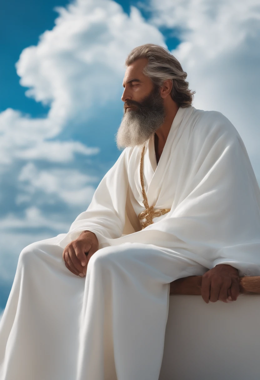 Un homme est assis sur un nuage, . He is dressed in a long white robe, et il a une barbe. The background is a light blue backdrop with white clouds, He's from behind, he's looking the other way , on ne voit pas sont visage