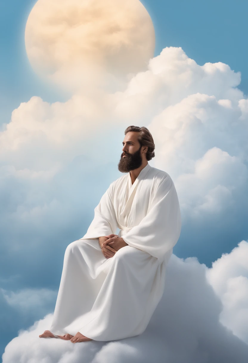 Un homme est assis sur un nuage, . He is dressed in a long white robe, et il a une barbe. The background is a light blue backdrop with white clouds, He's from behind, he's looking the other way , on ne voit pas sont visage