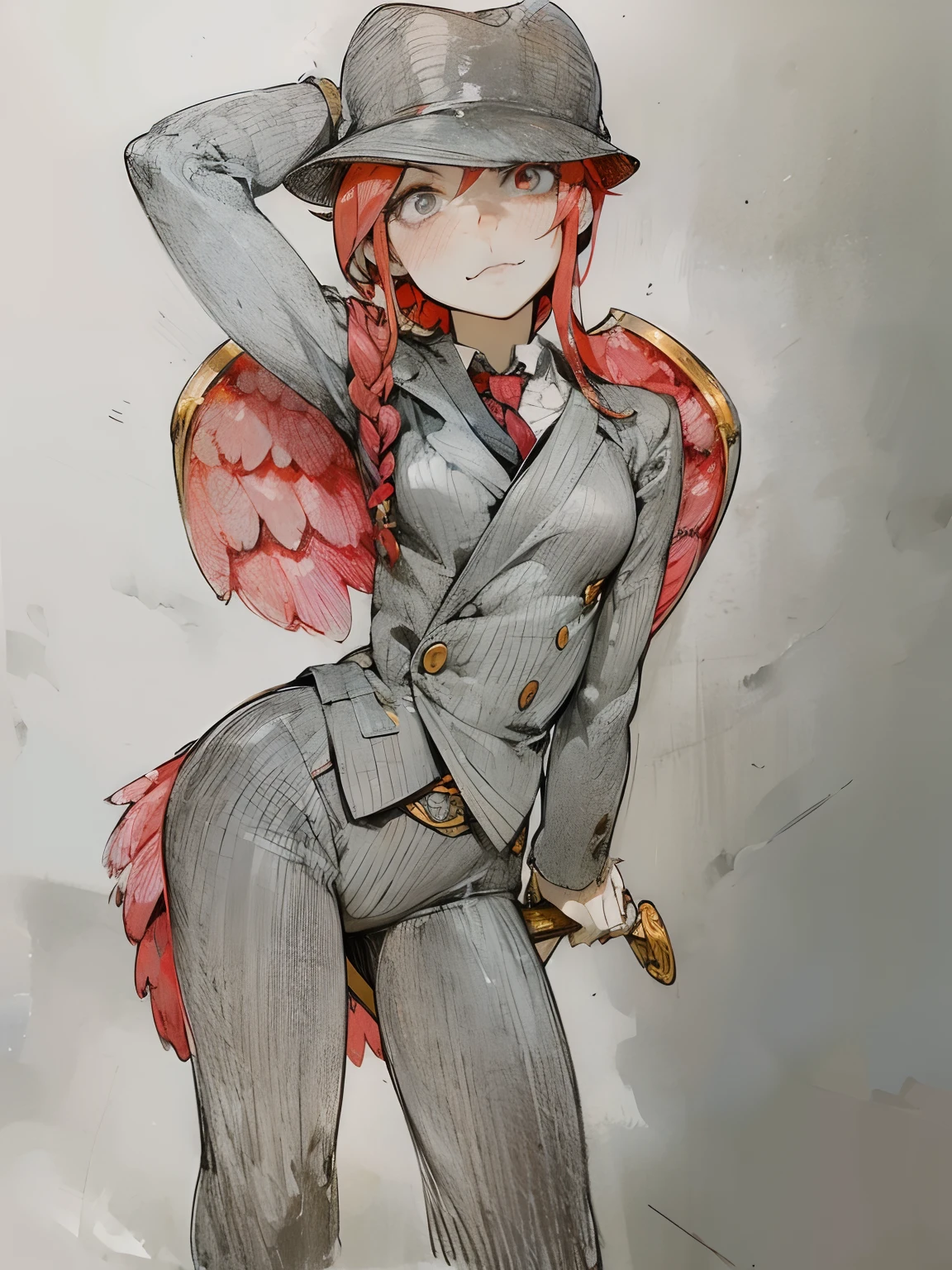 drawing of a woman in a suit and hat with a cane, inspired by Louis Grell, inspired by Hans Fries, inspired by Li Chevalier, girl in suit, high quality colored sketch, anime character, !anthropomorphic!, girl in a suit, inspired by Lucy Angeline Bacon, complex fantasy character, as an anime character, red hair, bird wings, large wings, bird tail, bird feathers, tail feathers,8k,red eyes,high quality