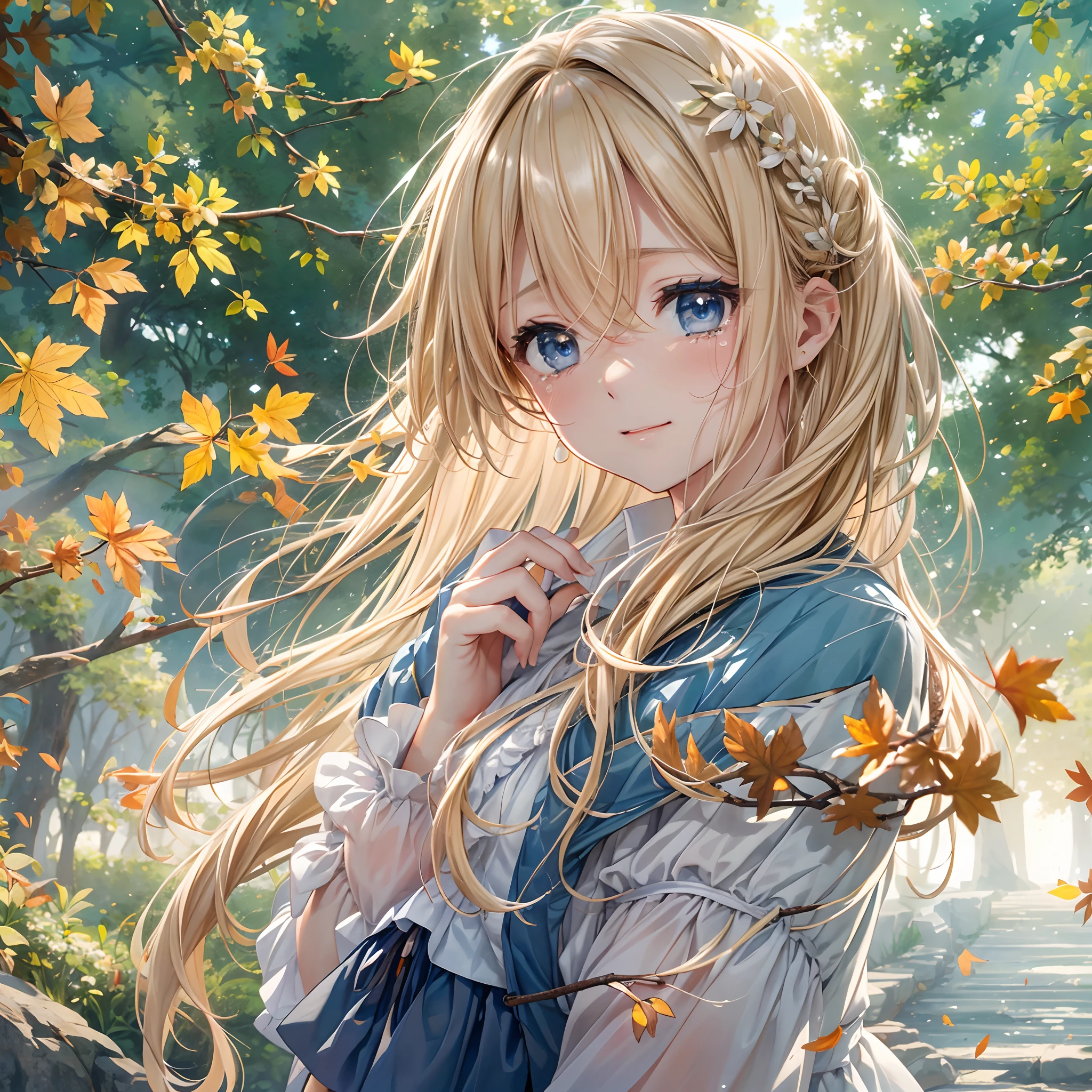 exquisitedetails, Highest quality 8K resolution, Ultra-detailed, Realistic, Vibrant colors, Soft tones, With warm and gentle lighting,(Smooth straight blonde hair:1.2),(Hair parted in the middle:1.2),(Glowing hair),(Deep Blue Eyes:1.3),(Crying and laughing:1.3),Looking back, Cool morning clouds quietly transport you to a sea of memories,The tree々The sunlight was slowly illuminating the space, The beauty of tears like multicolored glass,Someday it will be full of fallen leaves.,May God be pleased,I remembered the color of the nameless flower that withered on that road,It makes you feel like you're with them on a hot and humid afternoon like the smell of summer grass,In the silence of Shiawase、I was speechless,A fragment of a star quietly waited for the beginning,Blowing in the early autumn wind,Someday it will be full of fallen leaves.,