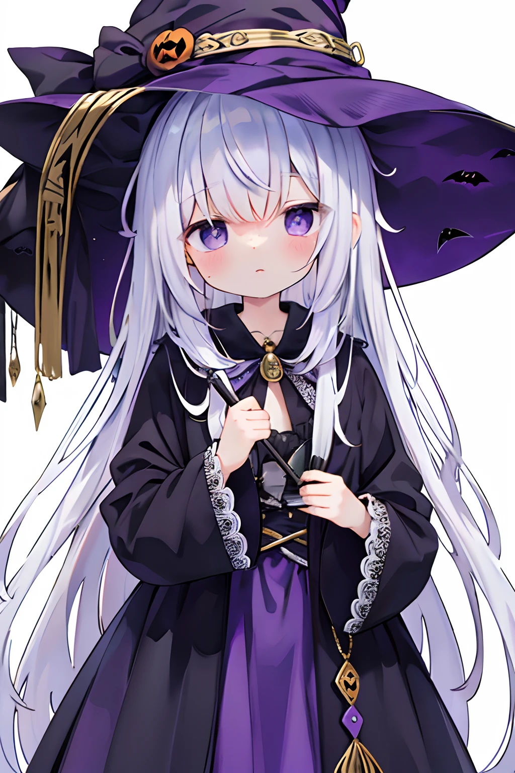 Silvery hair、(Lori、Masterpiece、8K、high-level image quality、Halloween、)witch clothing、Purple one-piece dress、doress、witch's hat、
Background Simple、