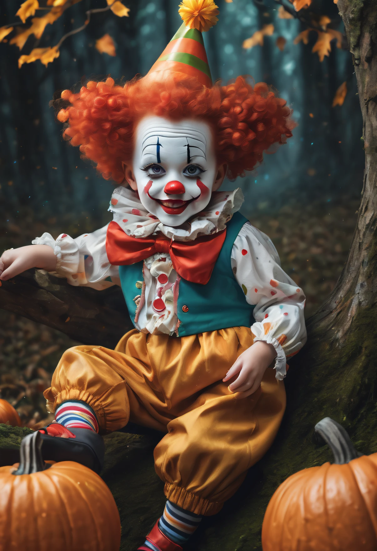 (best quality,4k,8k,highres,masterpiece:1.2),ultra-detailed,(realistic,photorealistic,photo-realistic:1.37),cute and adorable children's book style, clown, Halloween costume, dark forest background,[illustration],vivid colors, sharp focus, [whimsical details], playful atmosphere, [enchanted atmosphere],[bright and cheerful],[detailed and intricate drawings], [expressive eyes and facial features], [colorful and vibrant costumes], [fantastical elements], [mysterious and magical forest], [twinkling lights],[charming storytelling],[storybook-like composition]