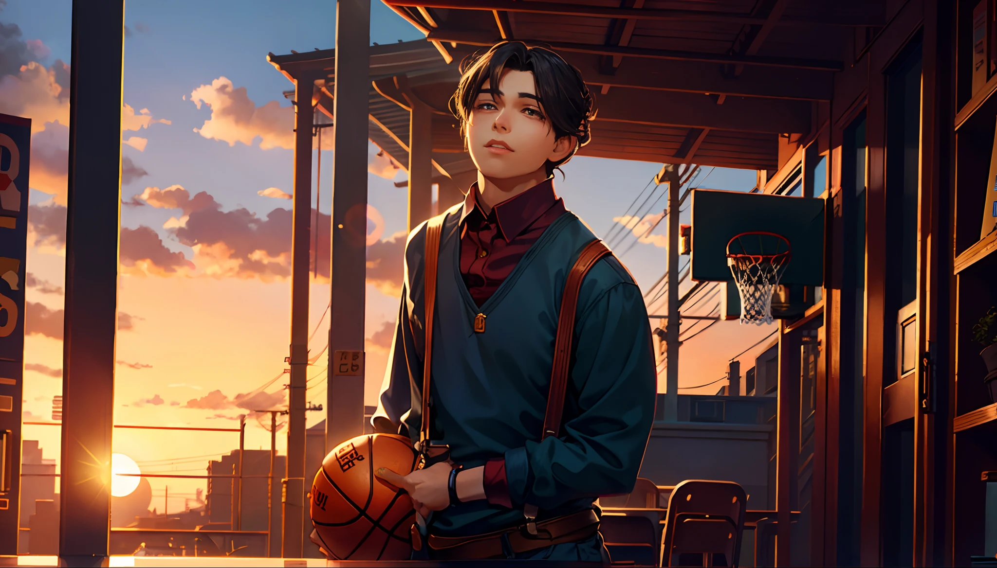 the sunset,eventide,middle parted hairstyle,Suspenders,mano,basketball ball