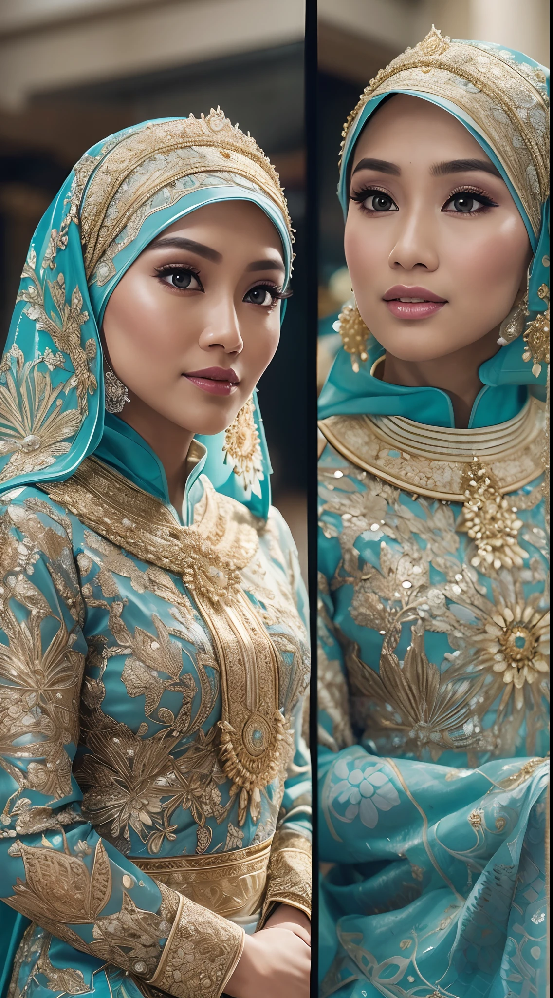 Capture the beauty of a Malay bride dressed in a resplendent traditional songket wedding attire. The bride, adorned in a stunning blue songket kebaya or baju kurung, wears a blue hijab with intricate embroidery and gold or silver threads. Ensure the songket fabric showcases its rich and intricate patterns, and accentuate the bride's jewelry and accessories. Create soft, warm lighting that enhances the details of the attire and conveys the elegance and cultural significance of the moment. The background should reflect the ambiance of a traditional Malay wedding ceremony, style raw, pastel color grading, Super 8mm lense, Extreme close-up, Deep Focus cinematography effect.