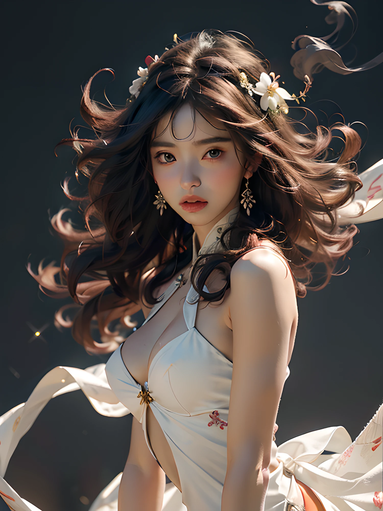nsfw, zhongfenghua, 1girl, solo, hanfu, ancient_chinese_architecture, flower field, blossom, (white smoke:1.3) (photorealistic:1.4), zentangle, mandala, entangle, official art, unity 8k wallpaper, ultra detailed, beautiful and aesthetic, masterpiece,best quality, (dynamic angle:1.4), glowing skin, (floating colorful sparkles:1) the most beautiful form of chaos, elegant, a brutalist designed, vivid colours, romanticism depth of field exotic_dance, half_naked
