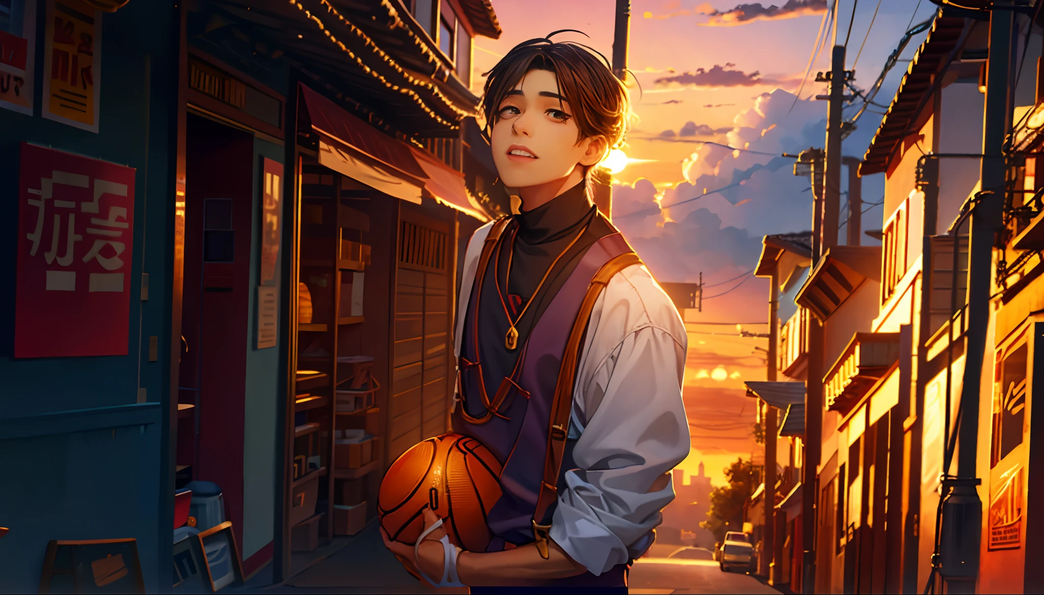 the sunset,eventide,middle parted hairstyle,Suspenders,mano,basketball ball