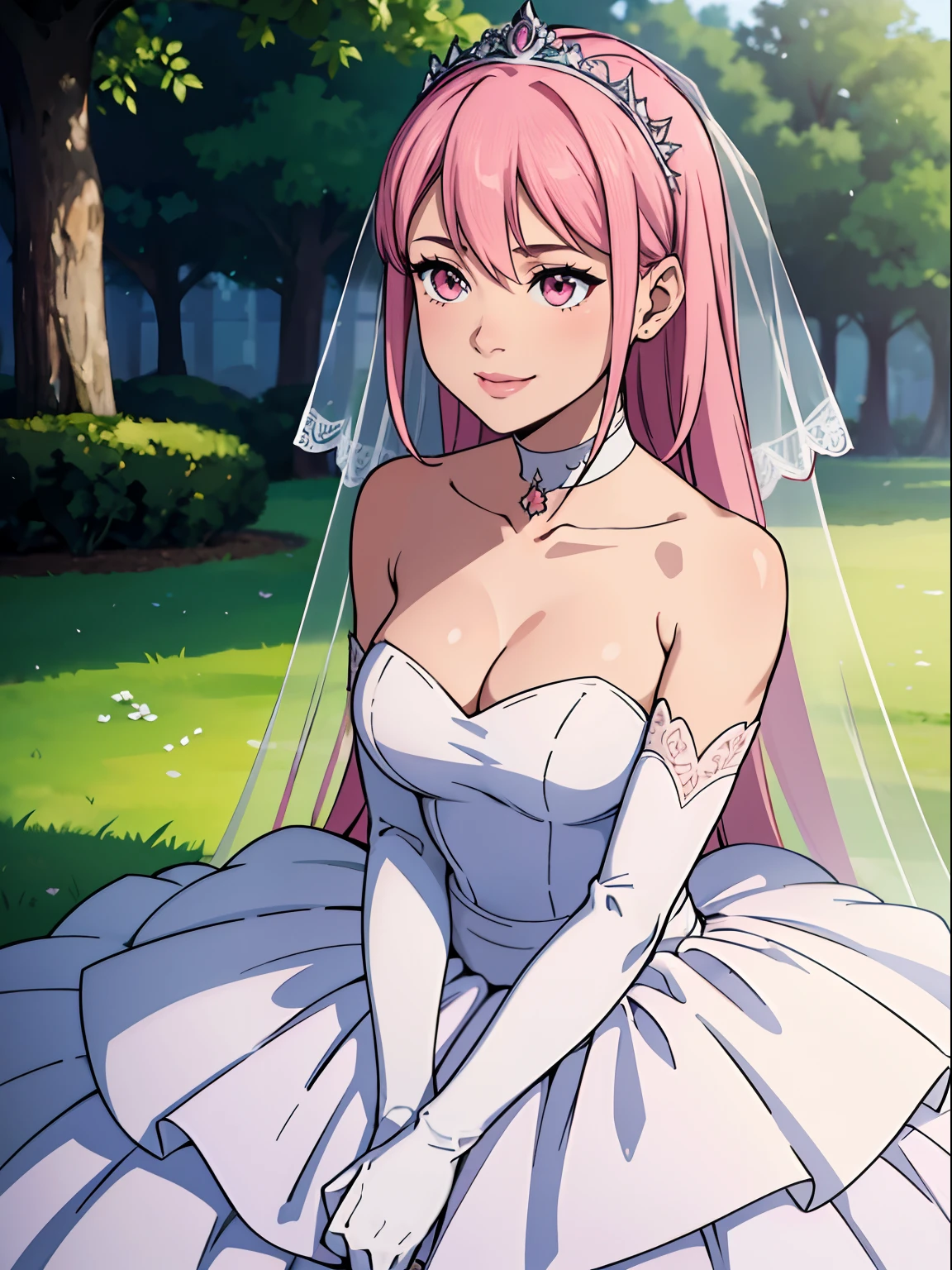 1girl hair between eyes, ahoge, pink eyes, pink hair, star \(symbol\), hair ornament, dress, cleavage, bare shoulders, collarbone, long white elbow gloves, white gloves, white dress, white choker, strapless, tiara, veil, strapless dress, wedding dress, bridal veil, beautiful woman, perfect body, perfect breasts, wearing a wedding dress, ball gown, in the park trees, wedding decorations, a in love smile, realism, masterpiece, textured skin, super detail, high detail, high quality, best quality, 1080p, 16k