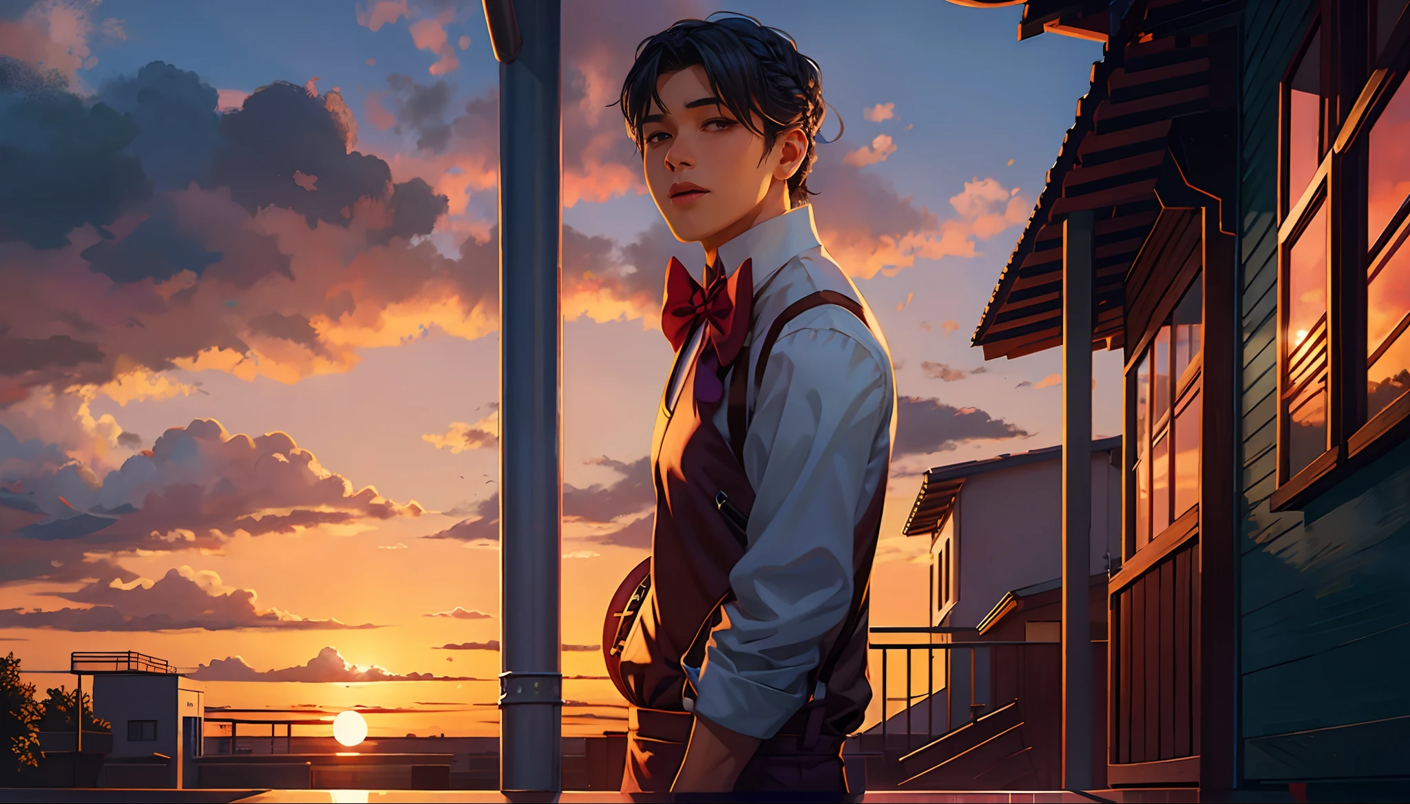 the sunset,eventide,middle parted hairstyle,Suspenders,mano,basketball ball