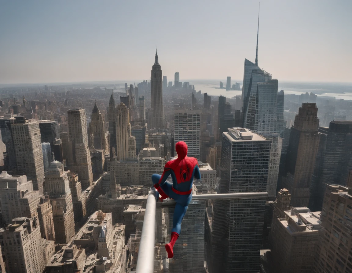 A spider-man on top of a skyscraper, MarcoR, cena de filme 8k, ::n_ desenho, mulher, Imperfection, baixa qualidade, boneco, jogo, anime, texto