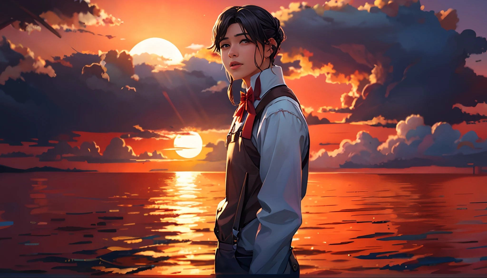 the sunset,eventide,middle parted hairstyle,Suspenders,mano