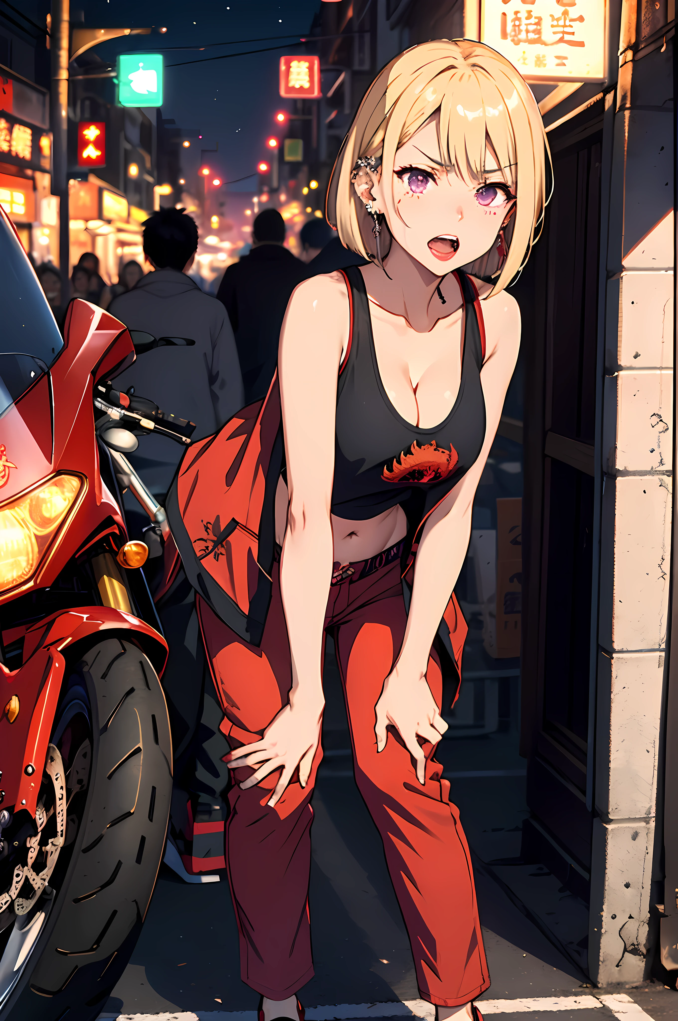 (master piece:1.4),ultra-quality, Hyper Detailed,Perfect drawing,3D Photography,16K illustrations、(((clearface)))、((Hi-Res))、1 persons、femele、Riding a motorcycle、(((a blond)))、(((a short bob))),The tattoo、(((Whitening skin)))、((Violet lipstick))、(Raised corners of the eyes)、((Outrage:1.1))、((chin raised))、(((opens his eyes wide)))、((despise:1.2)),((glares:1.2))、((Big open mouth:1.2))、(((Shout loud:1.3)))、((Wrinkles between the eyebrows))、(numerous piercings in the ears), BREAK (Red Theme:1.5), ((Red Outerwear, Oversized red pants, Red baggy pants): 1.4), (She wears a long red coat embroidered with a dragon over a black tank top:1.5), ((cleavage, 鎖骨) :1.2), ((Navel, ankle):1.3), (Pump 1.2), (earrings:1.2), (Chinese charactersa, Chinese charactersa:1.2),((Old Style Motorcycle:1.3)),((intersection)),((crossroad))(((nocturnal)))、(night)、on the road、(neon signs)、Bustling street、((A sense of disappearance))、(((Dynamic Actions)))、Detailed drawing、Sense of speed、Perfect Photo