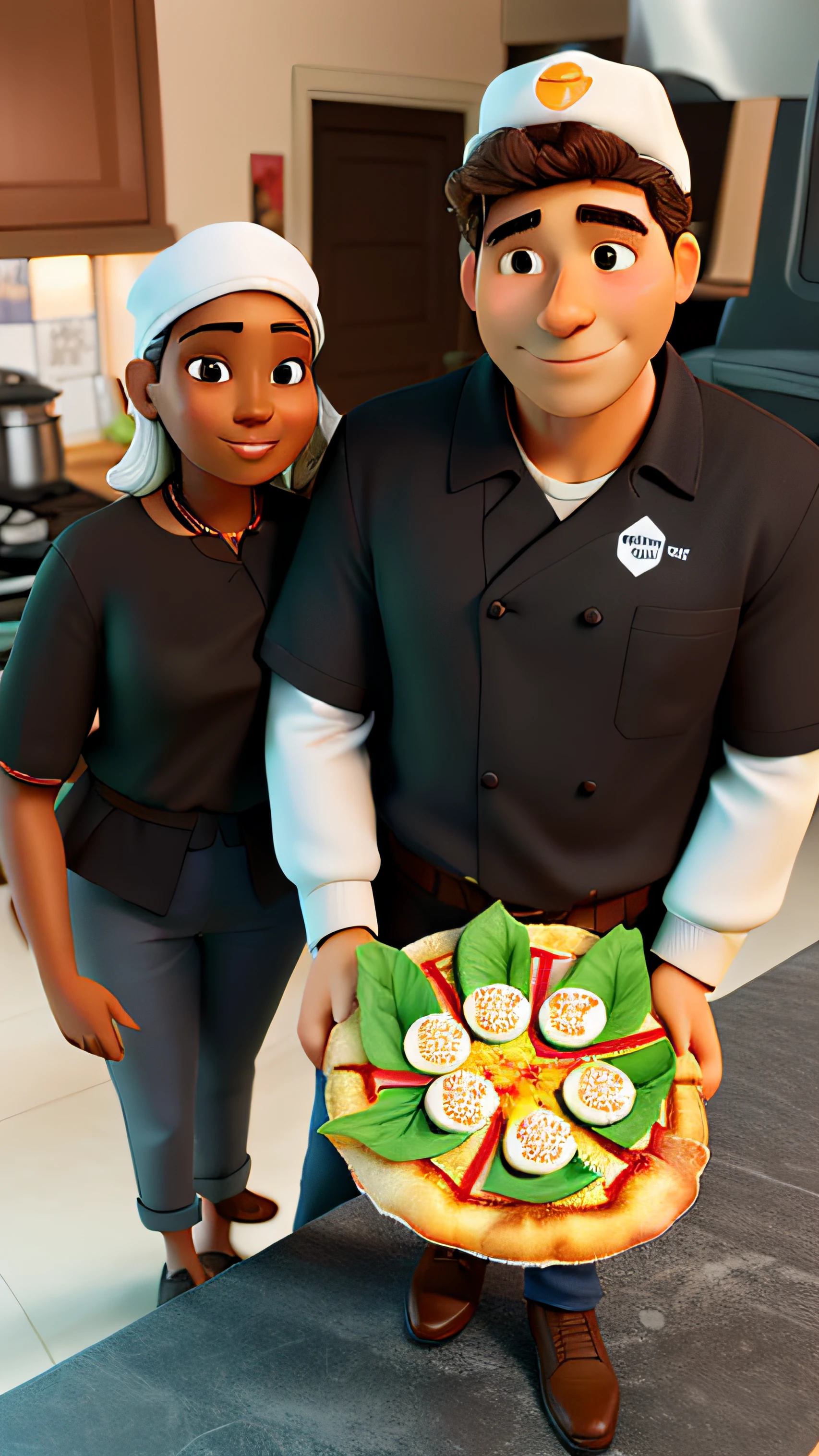 Um homem branco de 40 anos segura uma pizza com todas as fatias iguais, in her hands, Next to him is a brown-skinned woman in her 40s, Both are wearing hats and chef's outfits