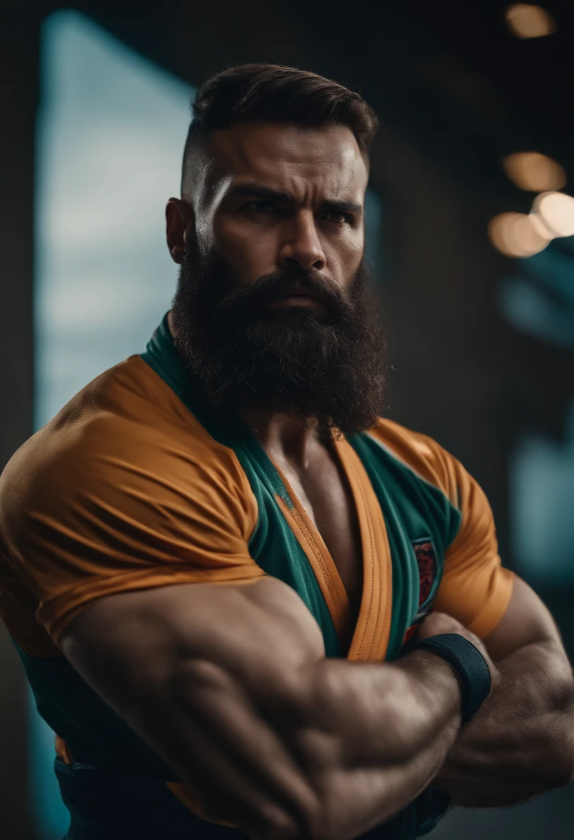 homem em frente a uma gigantesca montanha ao fundo, with arms crossed, Man in combat position, Quimono de jiu-jitsu, 8k, hyper realista, detalhado.