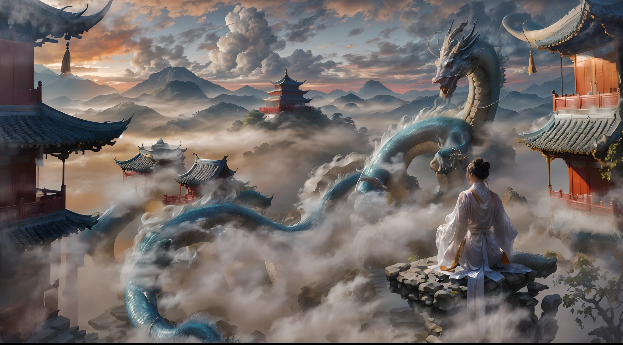 (RAW photo, best quality), (realistic, photo-realistic:1.3), extremely delicate and beautiful, Amazing, finely detail, masterpiece, ultra-detailed, highres,(best illustration), (best shadow),intricate,
A beautiful female Taoist priest wearing white see through robe, hair bun,sits on the eaves of the Taoist temple, overlooking the meditating priests below. In the distance, there are pavilions, towers, and distant mountains adorned with floating clouds,(loong in the background:1.3),sunset,storm,
sharp focus, volumetric fog, 8k UHD, DSLR, high quality, (film grain:1.4), Fujifilm XT3,