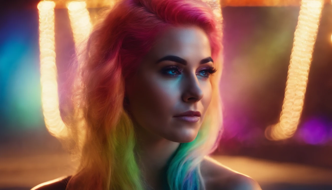 A woman with rainbow-colored hair, Girls standing without dressing anything,rainbow colored cosmic nebula background, stars, galaxias, Intricate details, Perfect face