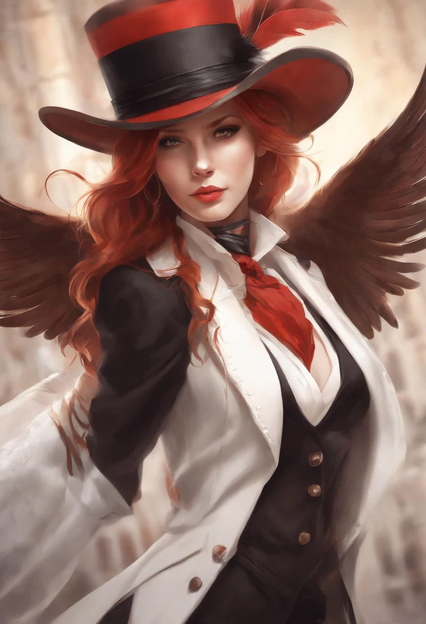 drawing of a woman in a suit and hat with a cane, inspired by Louis Grell, inspired by Hans Fries, inspired by Li Chevalier, girl in suit, high quality colored sketch, anime character, !anthropomorphic!, girl in a suit, inspired by Lucy Angeline Bacon, complex fantasy character, as an anime character, red hair, bird wings, large wings, bird tail, bird feathers, tail feathers,8k,red eyes,high quality