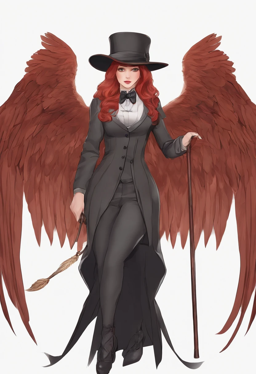 drawing of a woman in a suit and hat with a cane, inspired by Louis Grell, inspired by Hans Fries, inspired by Li Chevalier, girl in suit, high quality colored sketch, anime character, !anthropomorphic!, girl in a suit, inspired by Lucy Angeline Bacon, complex fantasy character, as an anime character, red hair, bird wings, large wings, bird tail, bird feathers, tail feathers,8k,red eyes,high quality
