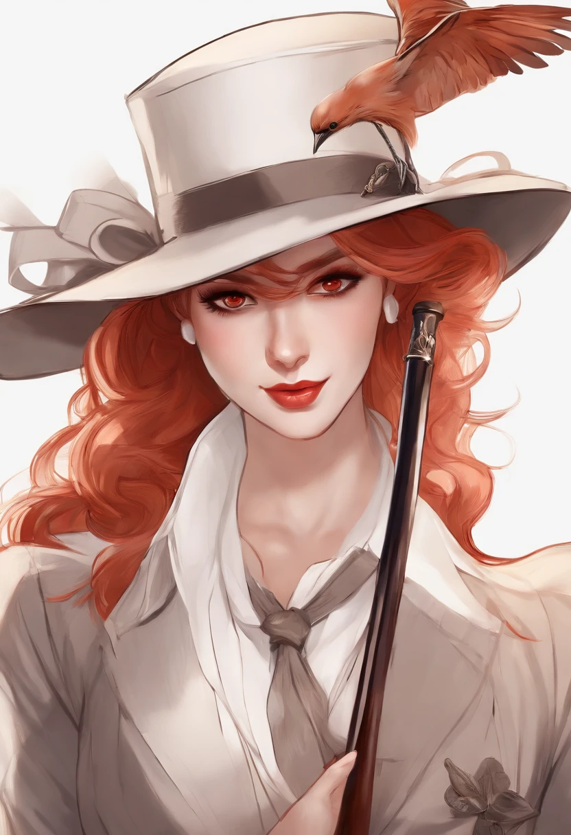 drawing of a woman in a suit and hat with a cane, inspired by Louis Grell, inspired by Hans Fries, inspired by Li Chevalier, girl in suit, high quality colored sketch, anime character, !anthropomorphic!, girl in a suit, inspired by Lucy Angeline Bacon, complex fantasy character, as an anime character, red hair, bird wings, large wings, bird tail, bird feathers, tail feathers,8k,red eyes,high quality