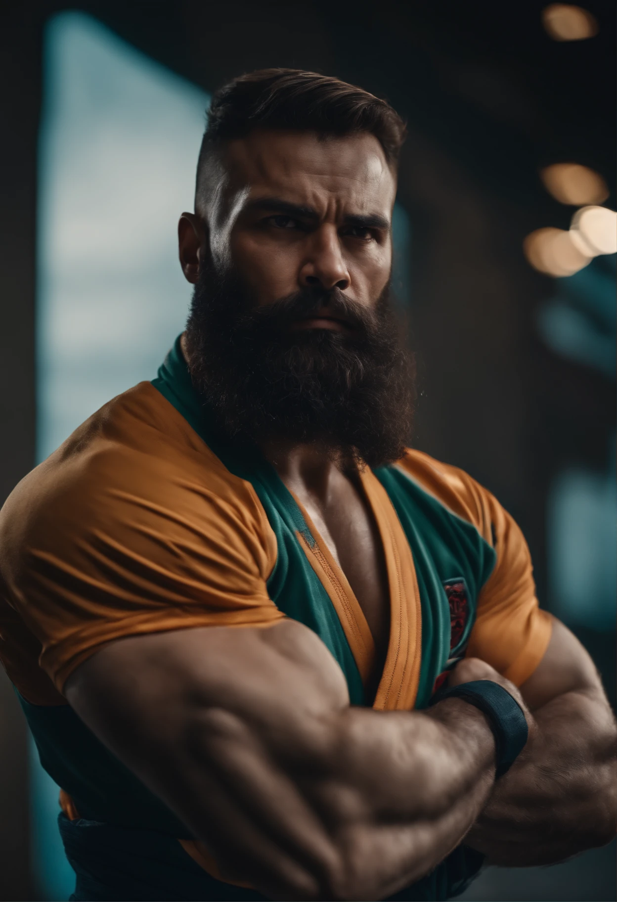 homem em frente a uma gigantesca montanha ao fundo, with arms crossed, Man in combat position, Quimono de jiu-jitsu, 8k, hyper realista, detalhado.