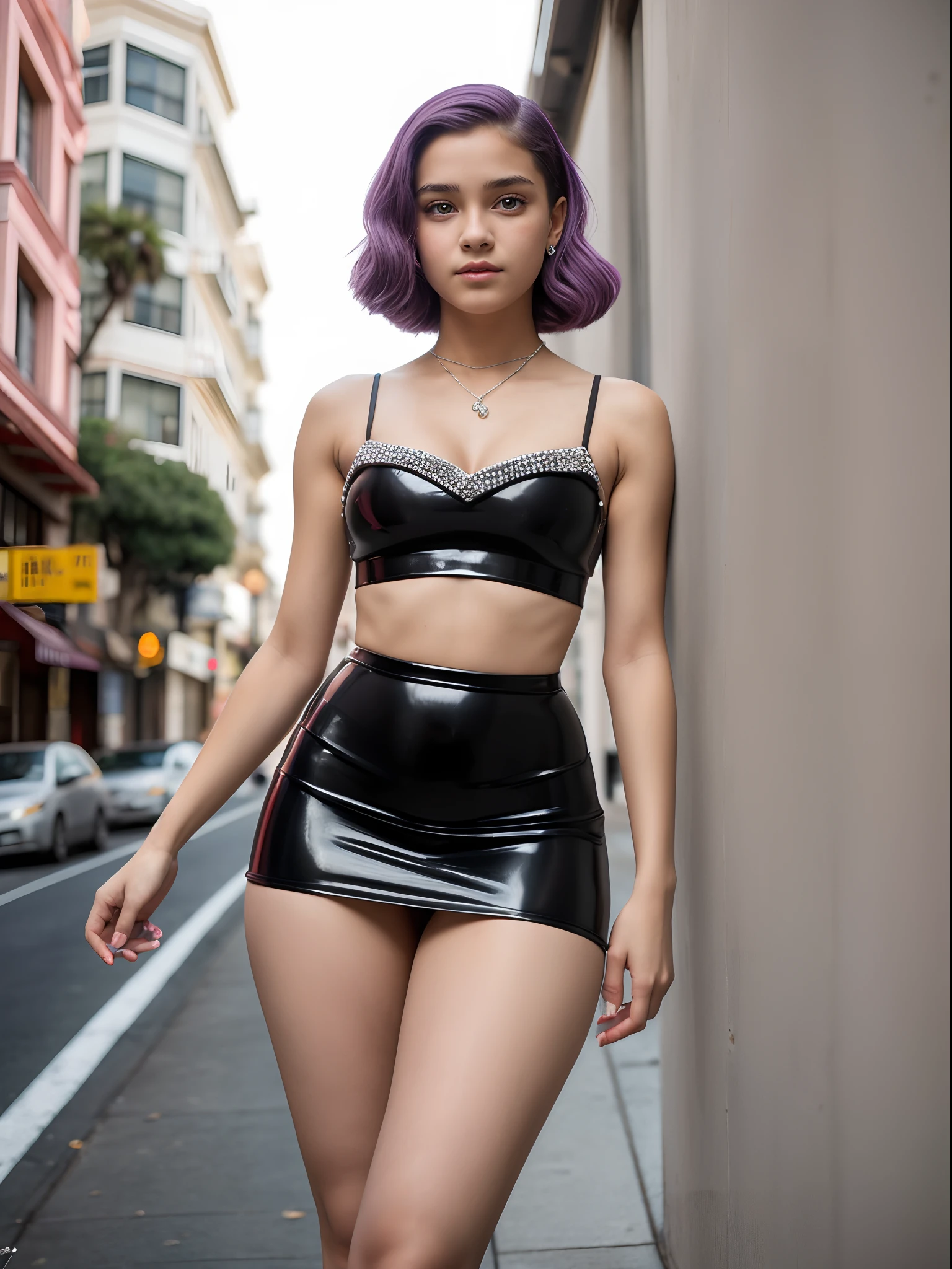 Araffe no vestido preto diamante, salto alto, (((Daphne Hopkins))) Is walking the streets of San Francisco, adolescente pequena, 18 anos, meninana quente, 4'10", modelo jovem bonita, corpo escuro, Pele brilhante, adolescente bonito sedutor, Garota sexy, Menina sexy,enina, Covinhas profunose sexy, 16k, canon, 50 millimeters
