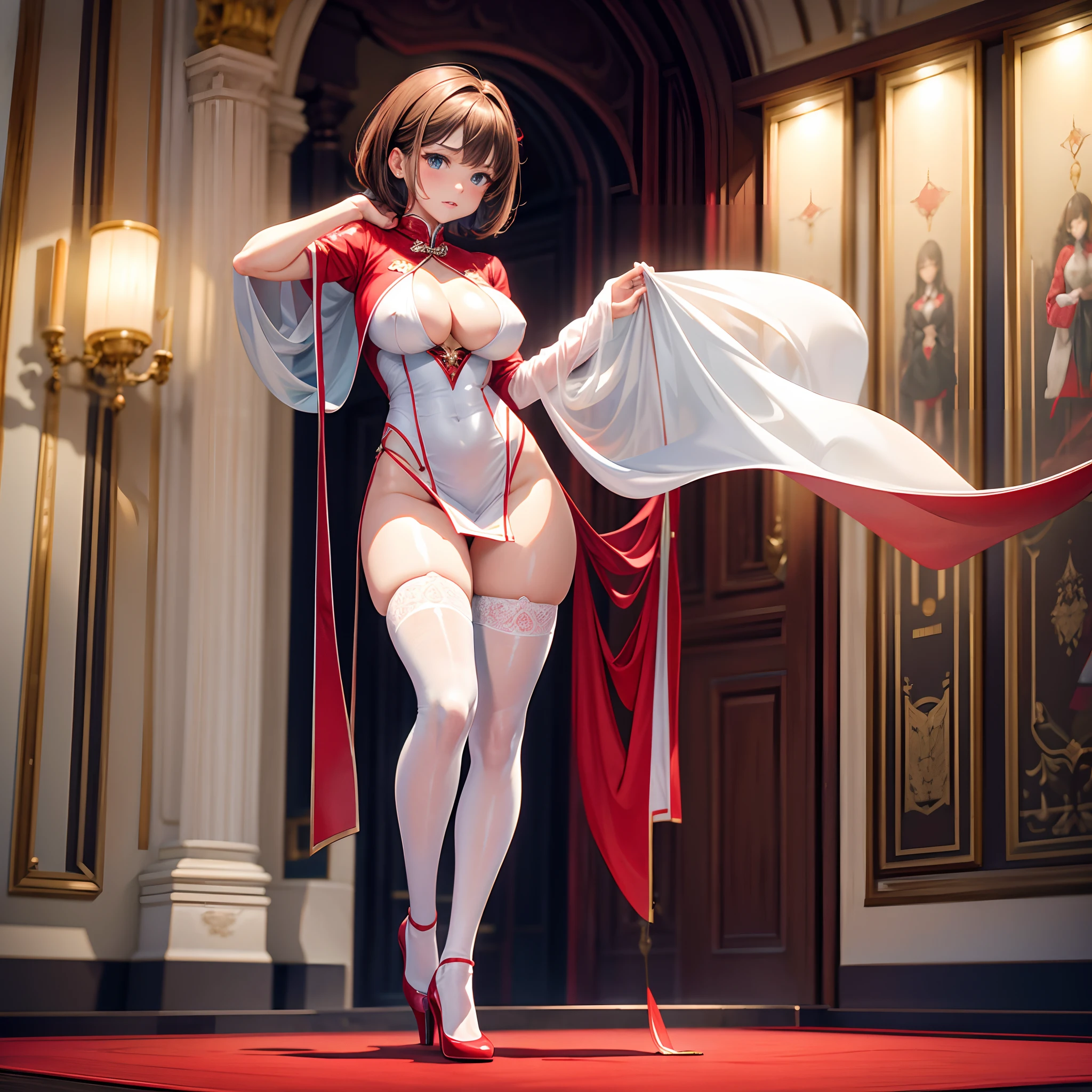 8K, RAW photo, Highest quality, Masterpiece: 1.2),Spacious and bright rooms, A young short-haired brunette beauty,The white color gradually turned into a red cheongsam,Red stockings,red high heel pumps,No underwear, Ultra-detailed description, nipple tips protruding, areola is protruding, pubic shape clearly visible,Stand up,delicated face,The expression is shy and pleasant,Behind the hand,