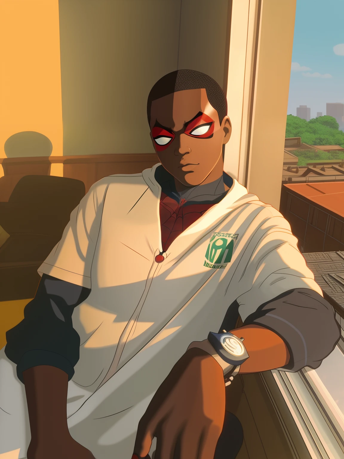 Spiderman Miles Morales, DVD screengrab from studio ghibli movie, retro anime, rendered by Studio Ghibli, studio ghibli style