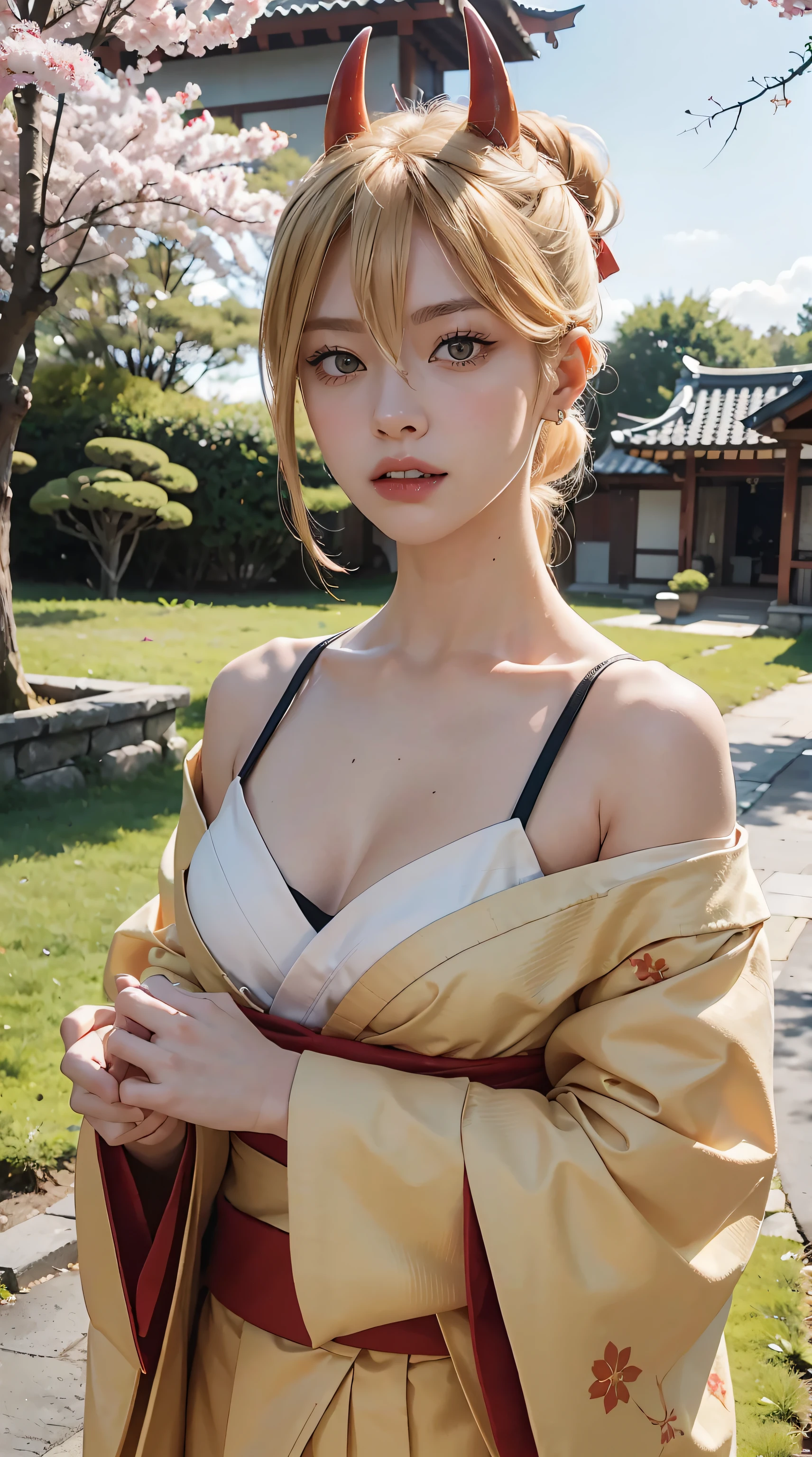 power \(csm\), sharp teeth, blonde hair, red horns, yellow eyes, hair in a bun, beautiful, beautiful woman, perfect body, perfect breasts, wearing a kimono, showing shoulders, wearing earrings, wearing a watch, in the park, cherry tree, traditional japanese house, looking at the viewer, slight smile, realism, masterpiece, textured skin, super detailed, high detail, high quality, best quality, 1080p, 16k, blonde hair