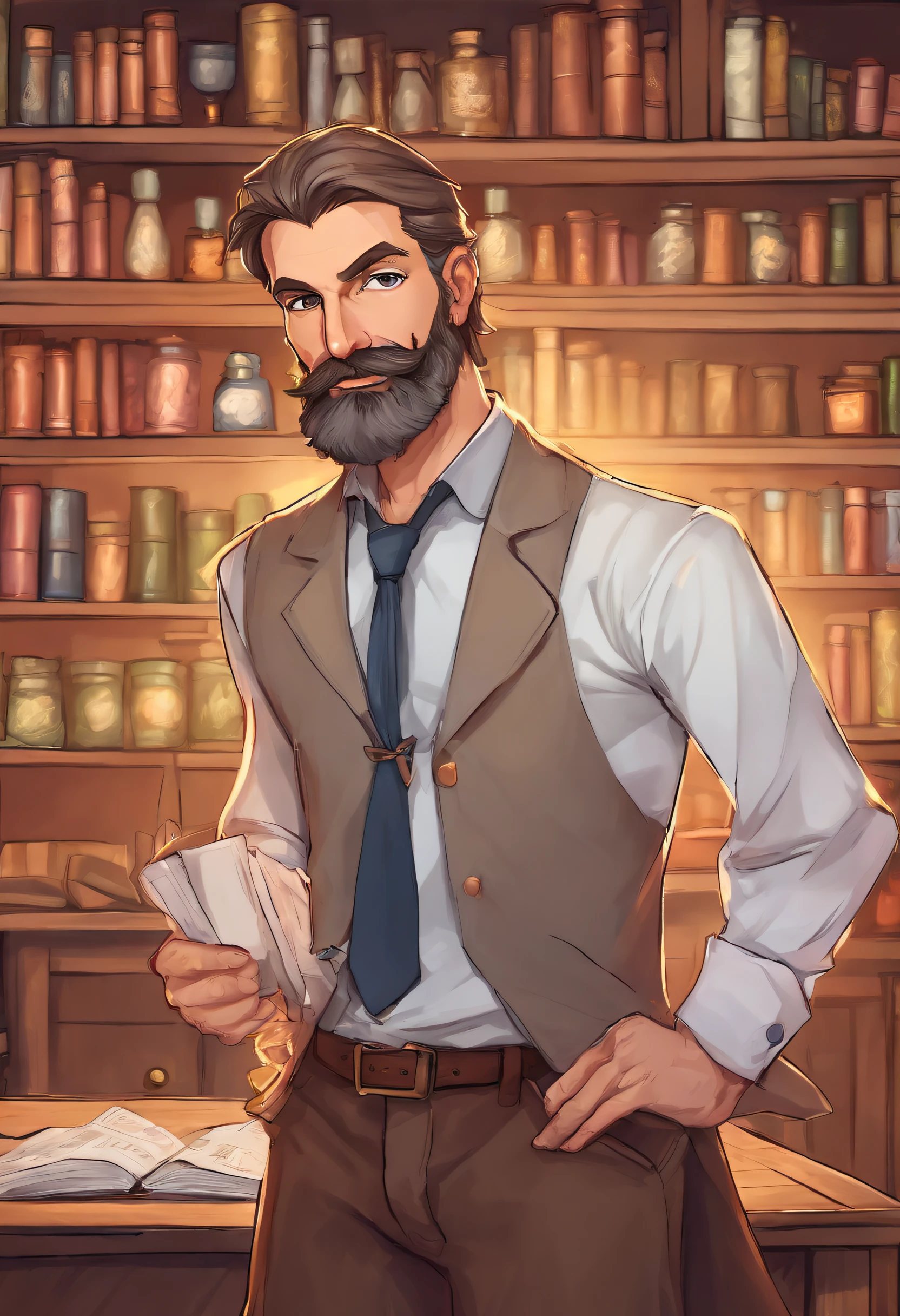 Formal avatar for seaArt of a brown-haired European man teacher with gray science beard in the laboratory