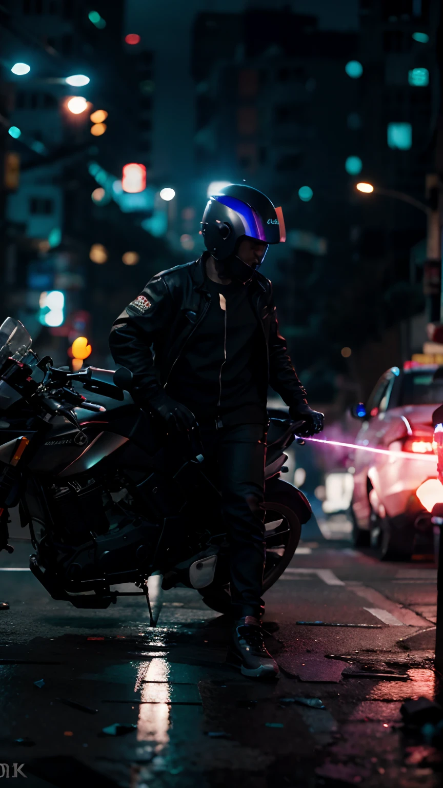 cyberpunk background 4k and fully modified bike and helmet ulta realistic fully lightning . The person les weapon