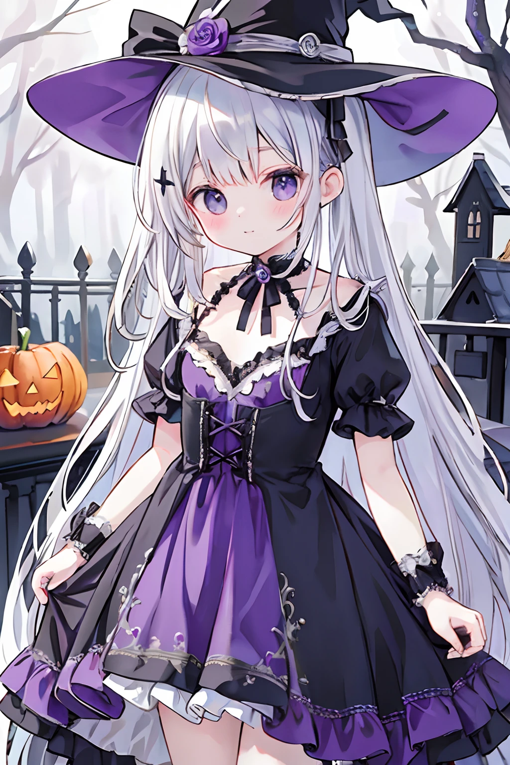 Silvery hair、(Lori、Masterpiece、8K、high-level image quality、Halloween、)witch clothing、Purple one-piece dress、doress、witch's hat、
Background Simple、