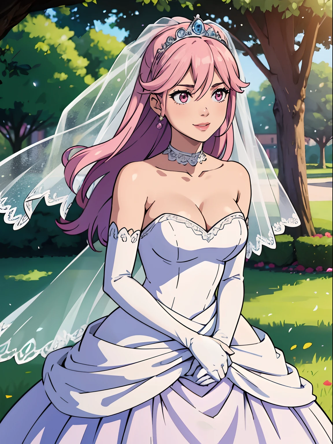 1girl hair between eyes, ahoge, pink eyes, pink hair, star \(symbol\), hair ornament, dress, cleavage, bare shoulders, collarbone, long white elbow gloves, white gloves, white dress, white choker, strapless, tiara, veil, strapless dress, wedding dress, bridal veil, beautiful woman, perfect body, perfect breasts, wearing a wedding dress, ball gown, in the park trees, wedding decorations, a in love smile, realism, masterpiece, textured skin, super detail, high detail, high quality, best quality, 1080p, 16k