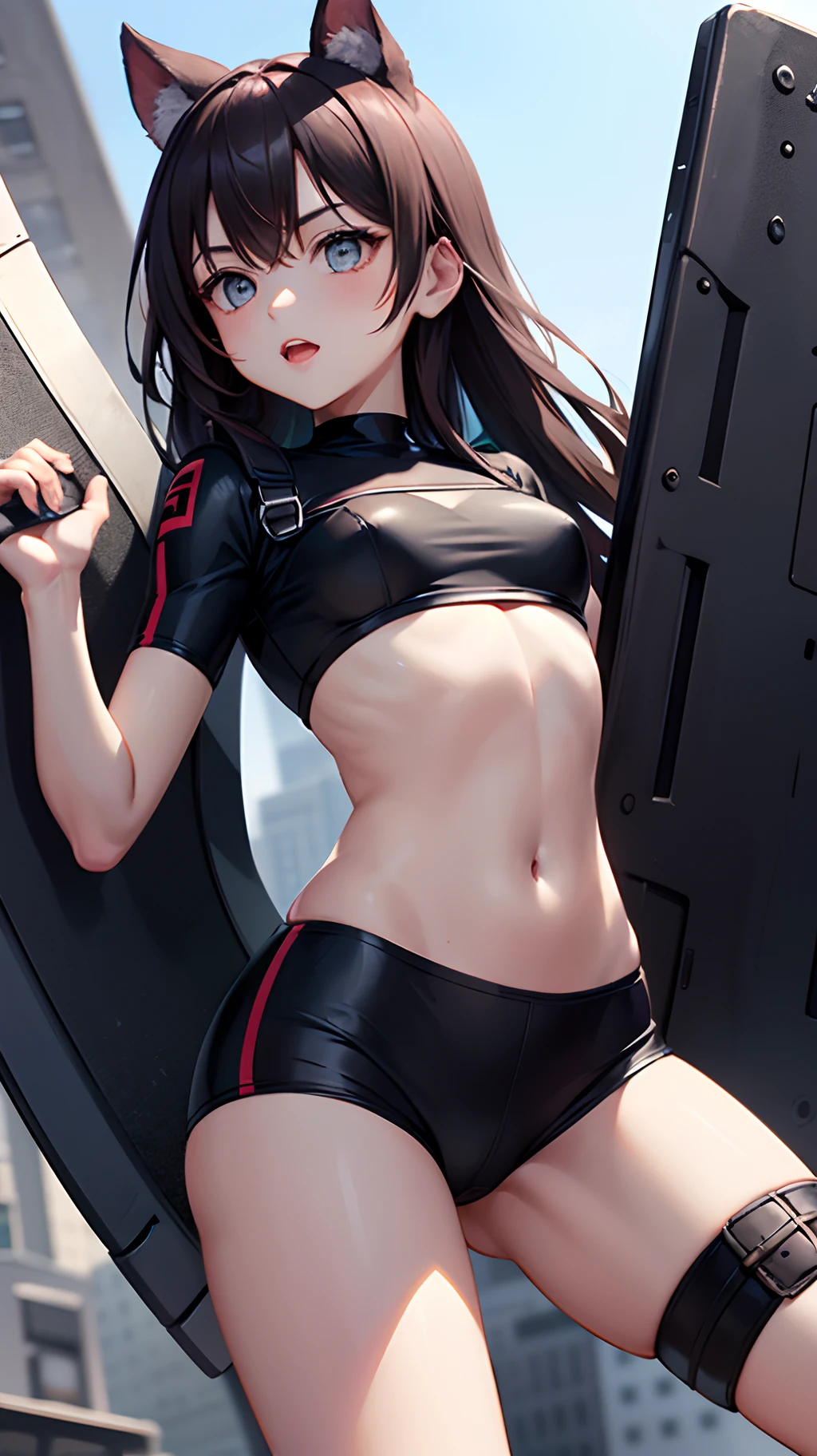 Animation style,A young girl holds a black square,Surrounded by shields