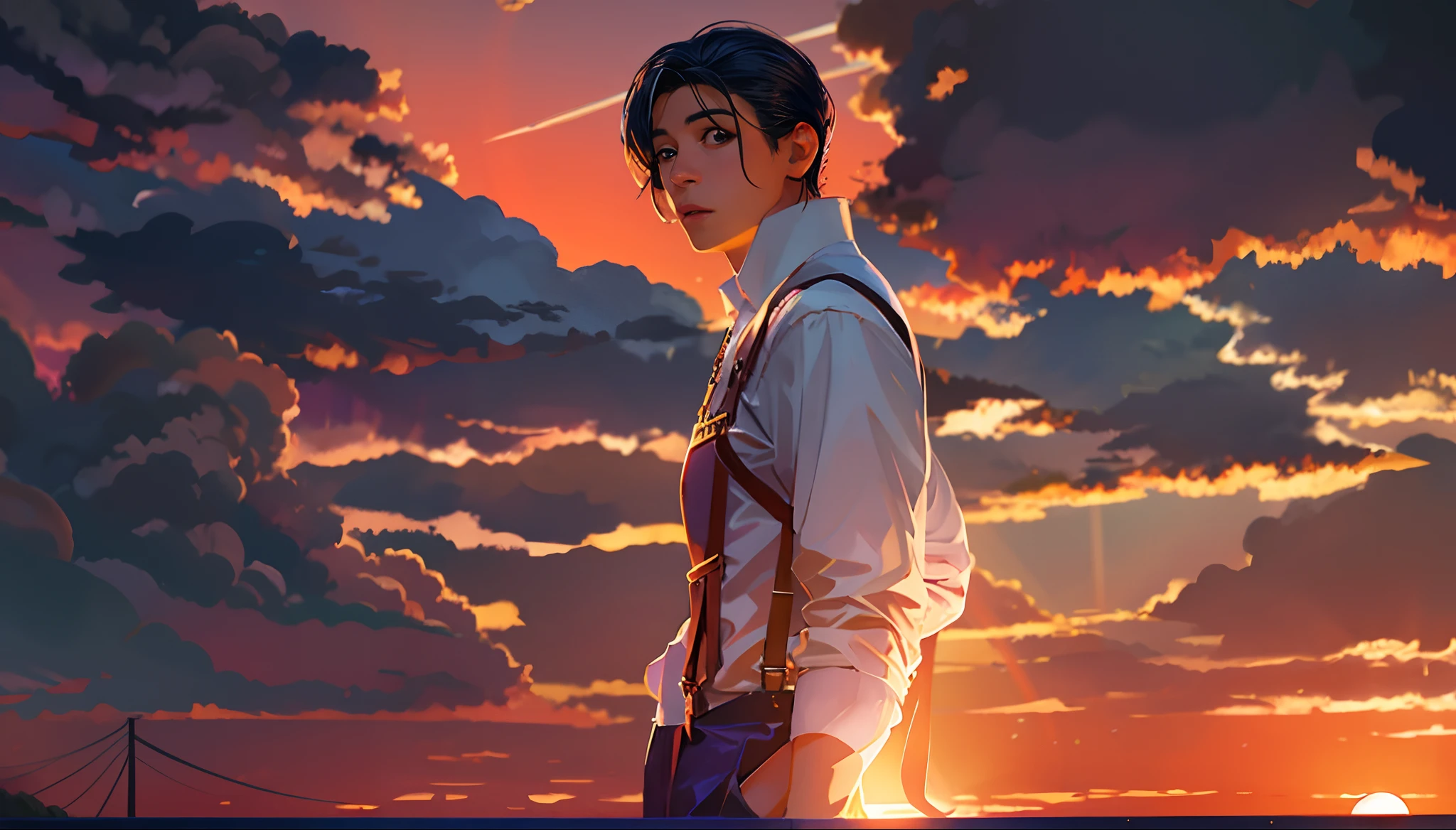 the sunset,eventide,middle parted hairstyle,Suspenders,Raise Hand