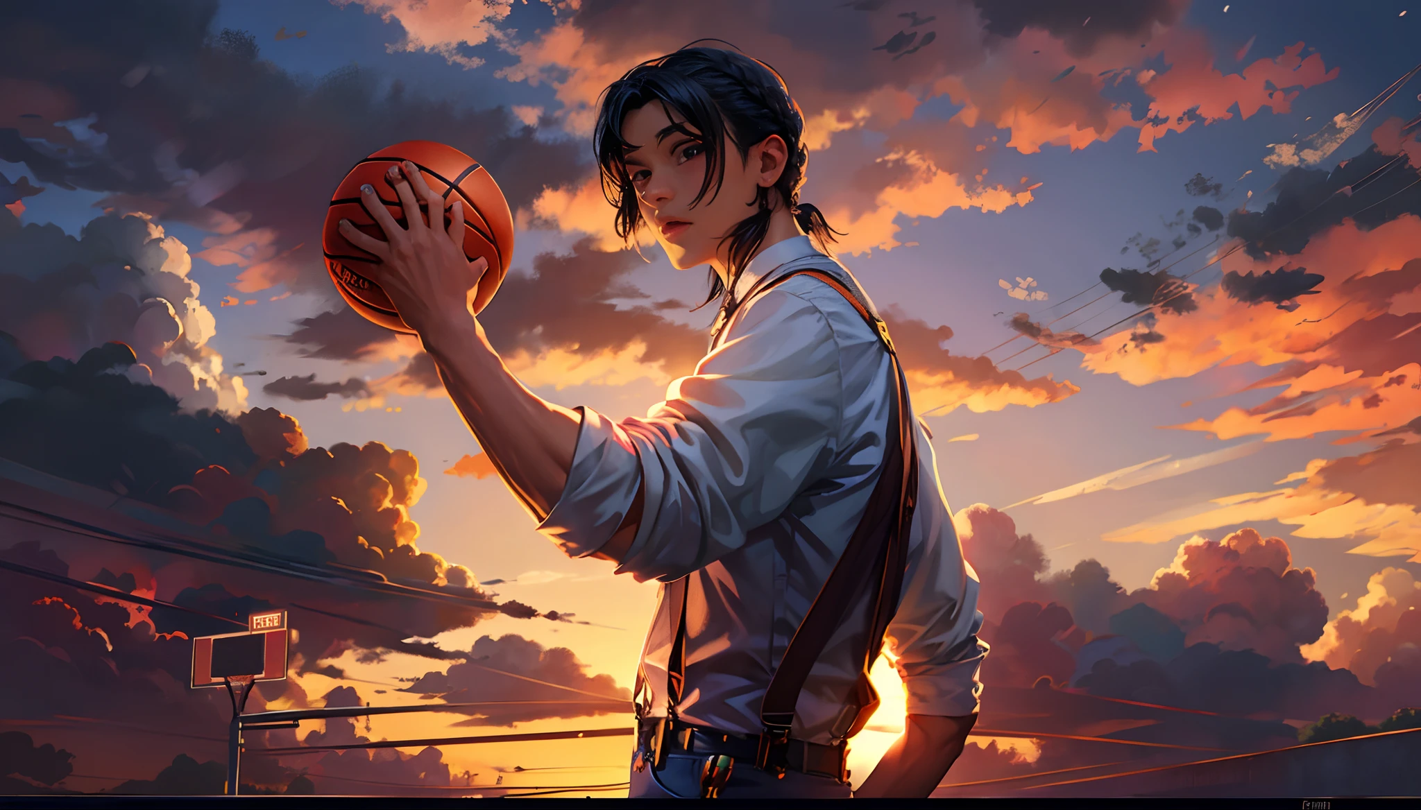 the sunset,eventide,middle parted hairstyle,Suspenders,Raise Hand,basketball ball