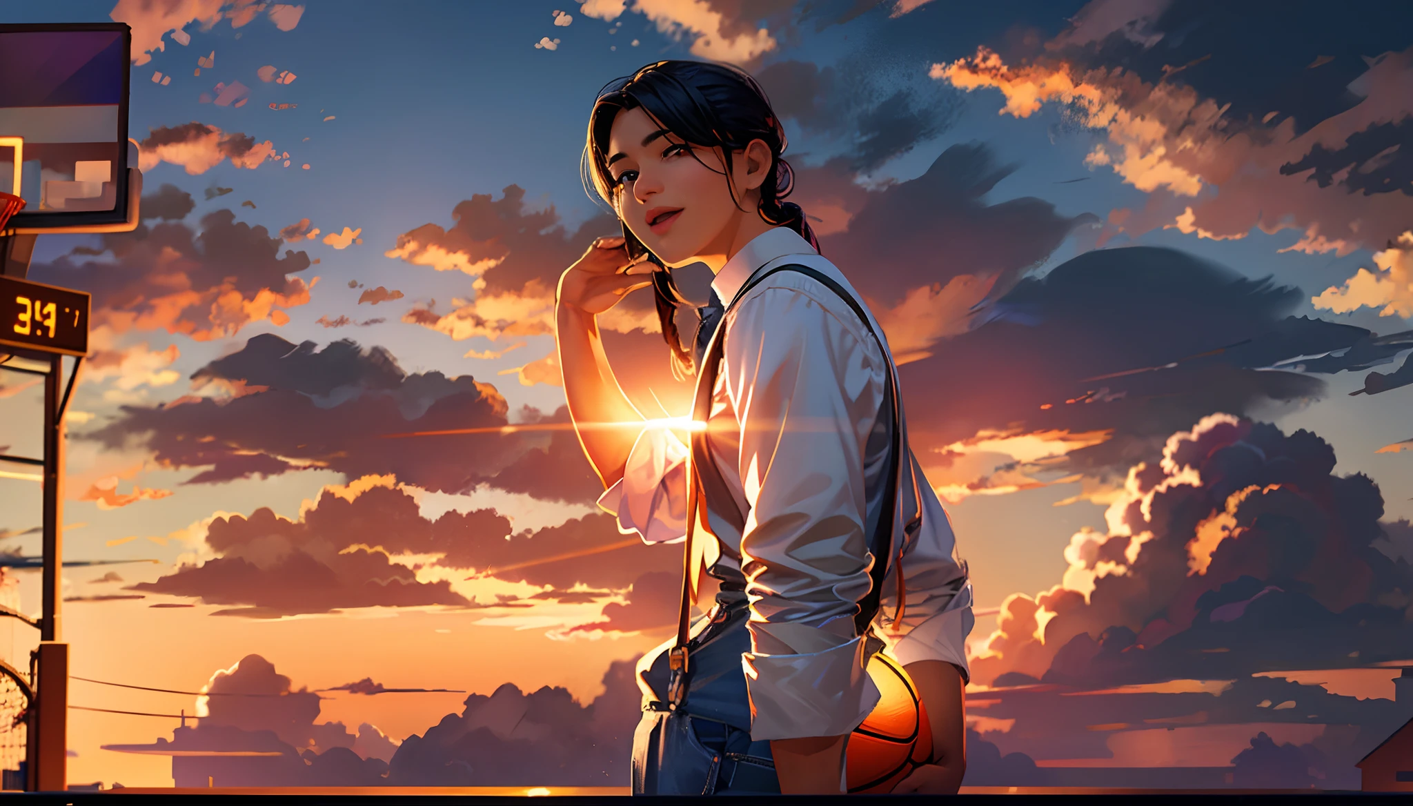 the sunset，eventide，middle parted hairstyle，Suspenders，Raise Hand，basketball ball