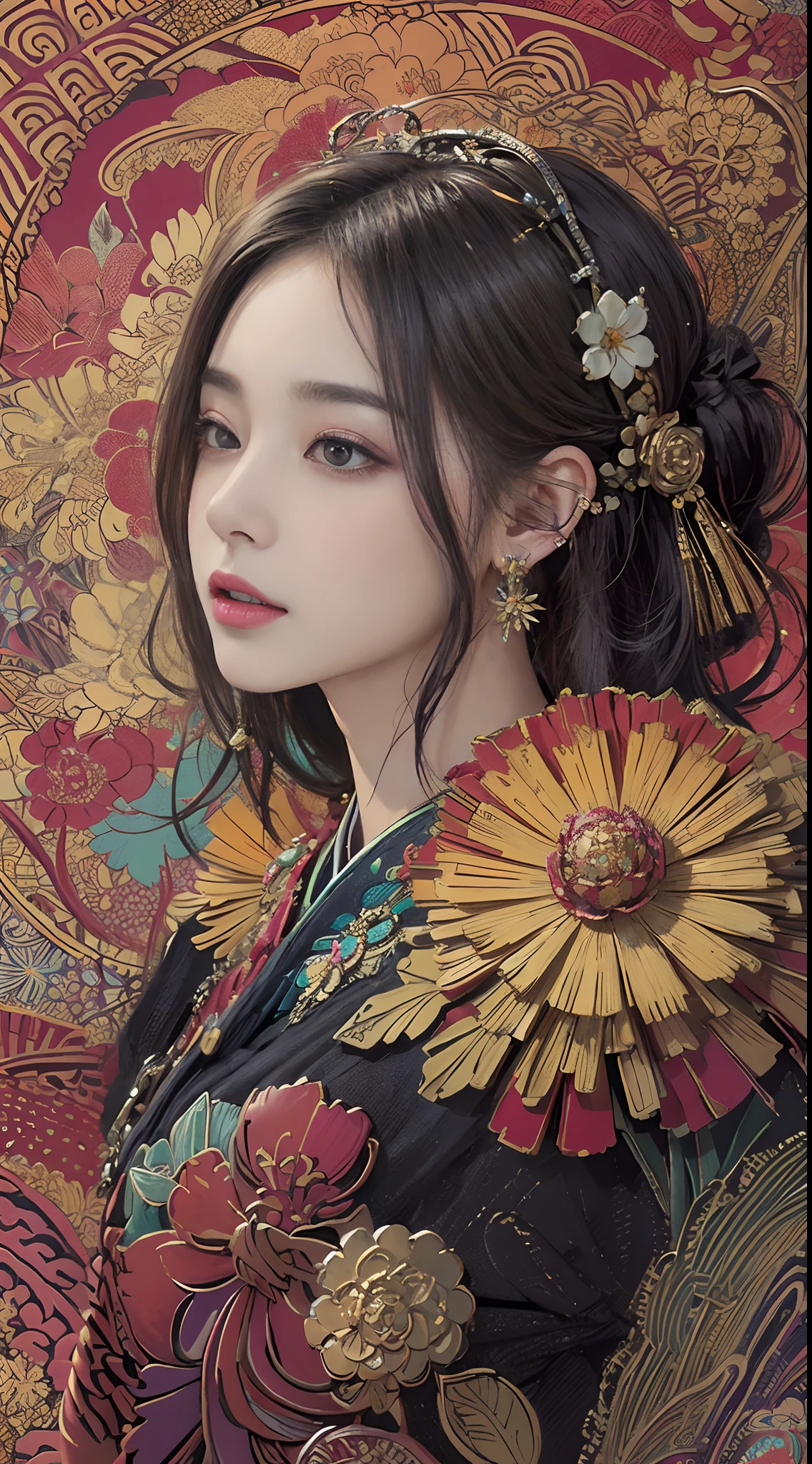 (masterpiece, top quality, best quality, official art, beautiful and aesthetic:1.2), (1girl:1.3), extremely detailed,(fractal art:1.1),(colorful:1.1)(flowers:1.3),highest detailed,(zentangle:1.2), (dynamic pose), (abstract background:1.3), (chinese Traditional cloth:1.2), (shiny skin), (many colors:1.4), ,(earrings:1.4),