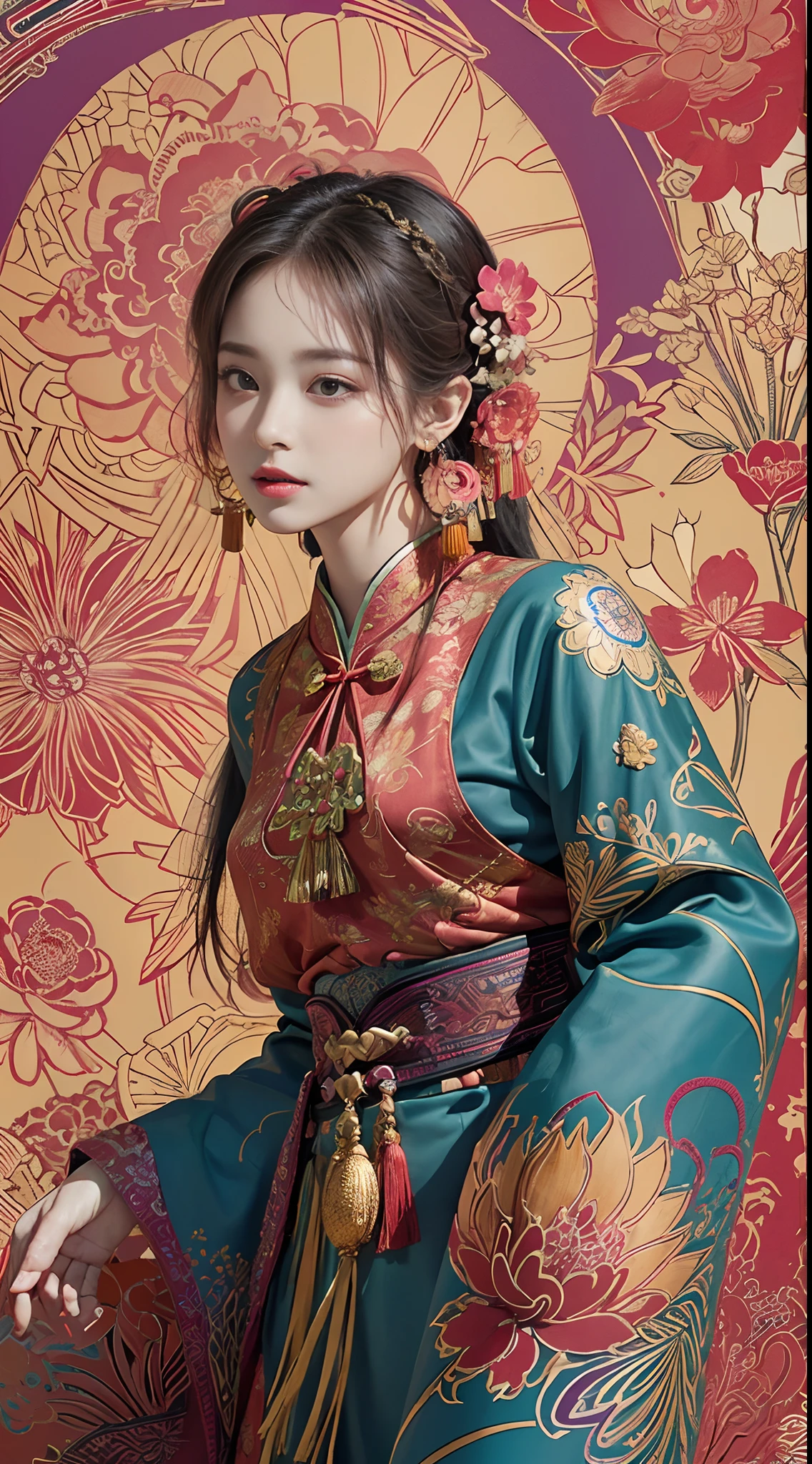 (masterpiece, top quality, best quality, official art, beautiful and aesthetic:1.2), (1girl:1.3), extremely detailed,(fractal art:1.1),(colorful:1.1)(flowers:1.3),highest detailed,(zentangle:1.2), (dynamic pose), (abstract background:1.3), (chinese Traditional cloth:1.2), (shiny skin), (many colors:1.4), ,(earrings:1.4),