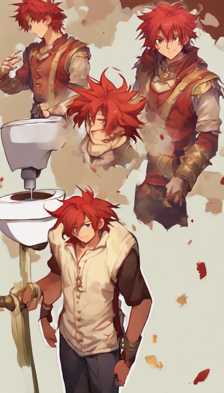 Character cyberpunk style, A dirty kid (Male) (), brown tanned skin, 1kid, ((Slim and toned muscular body: 1.5)), ((Toilet outfits: 1.9)), Bright_Red hair, Short hair, Peasant boy, The villagers , Friendly smile, Heroic, The clothes are slightly sloppy, New Age style clothing, Simple clothing, Human, Gentle boy, Young face, Skill pictures, Villager costumes, ((highly_Saturated red_Hair: 2)), (microcosm_af_kindness: 1.5)), ((extremely_Handsome: 1.8)), (short_Hair: 1.7), ((Amazing and unique character_designs: 1.9))