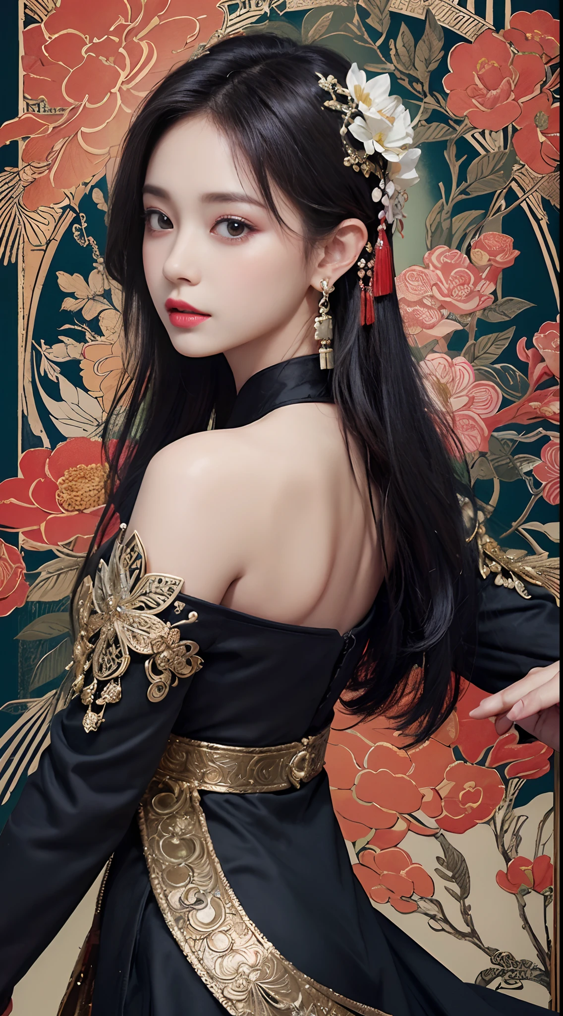 (masterpiece, top quality, best quality, official art, beautiful and aesthetic:1.2), (1girl:1.3), extremely detailed,(fractal art:1.1),(colorful:1.1)(flowers:1.3),highest detailed,(zentangle:1.2), (dynamic pose), (abstract background:1.3), (chinese Traditional cloth:1.2), (shiny skin), (many colors:1.4), ,(earrings:1.4),