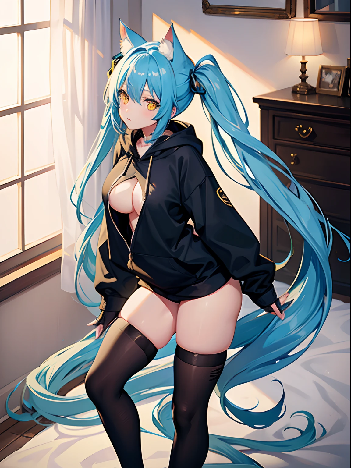 Long Hair, Twintail, Light Blue Hair, Yellow Eyes, Cat Ears, Cat Tail, Big Boobs, Wearing Hoodie, Long Stocking, Nighttime, Wearing Black Gloves, Inside a house