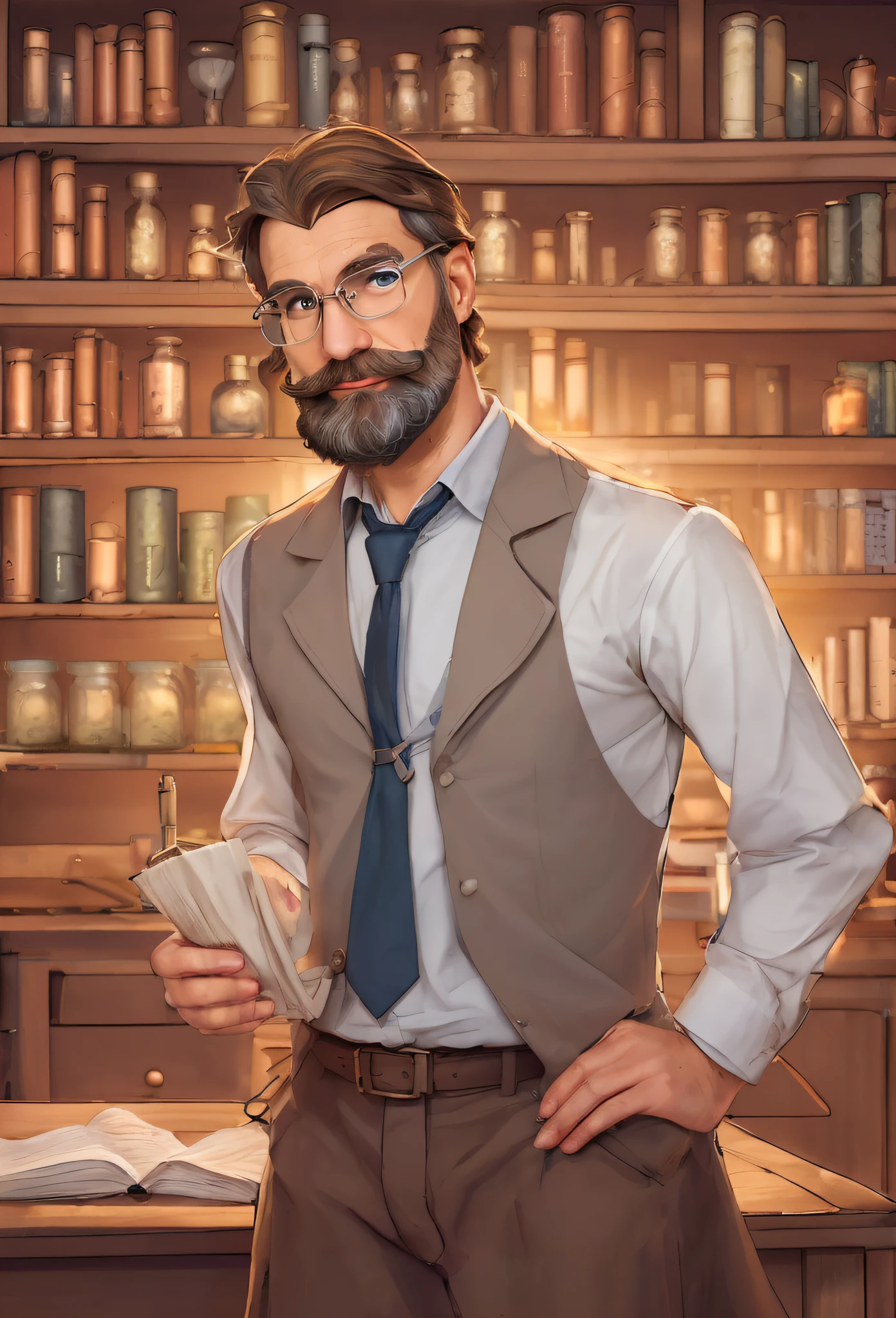 Formal avatar for the seaArt of a brown-haired European professor with a grey beard of science in the laboratory, con gafas de pasta