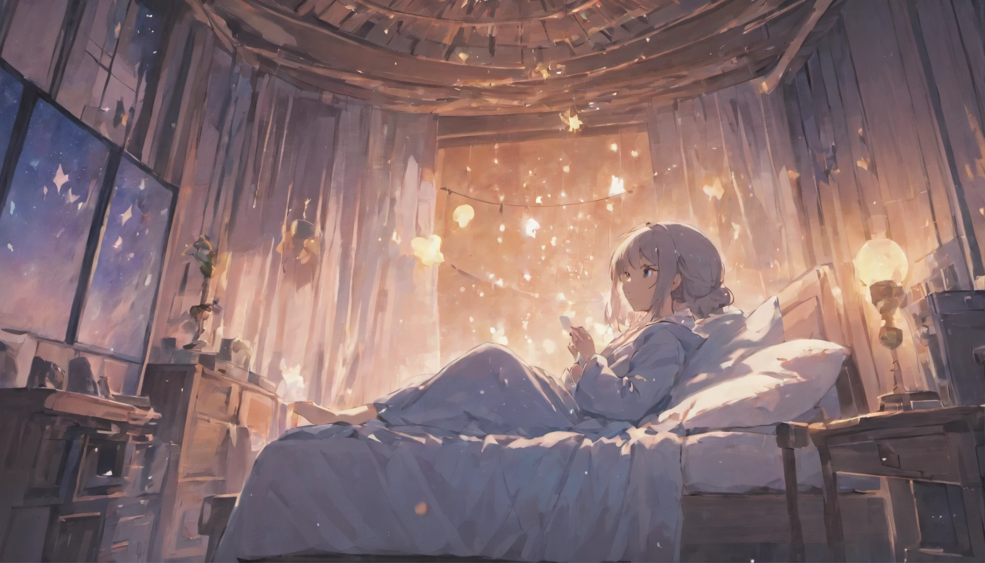 A child sleeps，Quiet nights，Comfortable beds，Cosy bedroom，Serene expression，Lightweight dressing gown，gentlesoftlighting，dreamlike scenes，Cloud-like pillows，Starry curtains