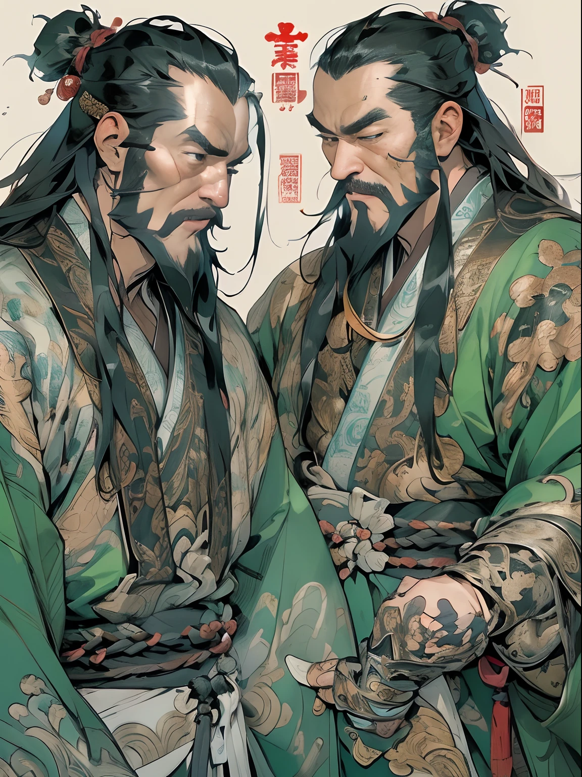 (((China-style,Ink painting method,Half-length portrait,Intense color,Han dynasty, China,Hanfu,Armor,Guan yu,Guan Yunchang,of a guy,Ruddy killing square face,Hold the Blue Dragon Moon Knife in his right hand,Stroke your beard with your left hand,Long hair,petty eyes,Green robe))), (((best qualityer))), (((tmasterpiece))), (((AS-Adult))), ((( Japanese ))), Look up from your knees, Handsome Asian samurai,perfect body figure, Modern samurai, ((( Asian))), Wear gloves on your hands,The left arm is made of steel and metal tips,Made of protective devices, The eyes are pulled, (( Appears below the chest )), (( Small dental floss )), Simon Bisley, Almost naked(Simon Bisley)Castle City Wilderness,For high-resolution posters, hair straight, Minimum clothing, armure (Crazy clothes ), Full of tips and rivets, tribal tattoos, (((full bodyesbian))), Straight brunette hair,Colored hair ends