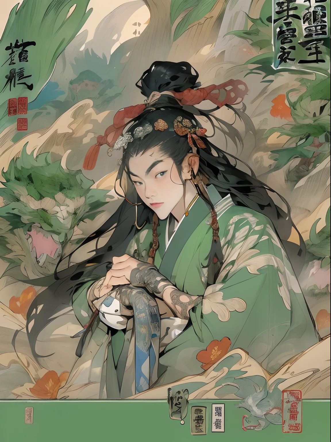 (((China-style，Ink painting method，Half-length portrait，Intense color，Han dynasty, China，Hanfu，Armor，Guan yu，Guan Yunchang，of a guy，Ruddy killing square face，Hold the Blue Dragon Moon Knife in his right hand，Stroke your beard with your left hand，Long hair，petty eyes，Green robe))), (((best qualityer))), (((tmasterpiece))), (((AS-Adult))), ((( Japanese ))), Look up from your knees, Handsome Asian samurai，perfect body figure, Modern samurai, ((( Asian))), Wear gloves on your hands，The left arm is made of steel and metal tips，Made of protective devices, The eyes are pulled, (( Appears below the chest )), (( Small dental floss )), Simon Bisley, Almost naked（Simon Bisley）Castle City Wilderness，For high-resolution posters, hair straight, Minimum clothing, armure (Crazy clothes ), Full of tips and rivets, tribal tattoos, (((full bodyesbian))), Straight brunette hair，Colored hair ends