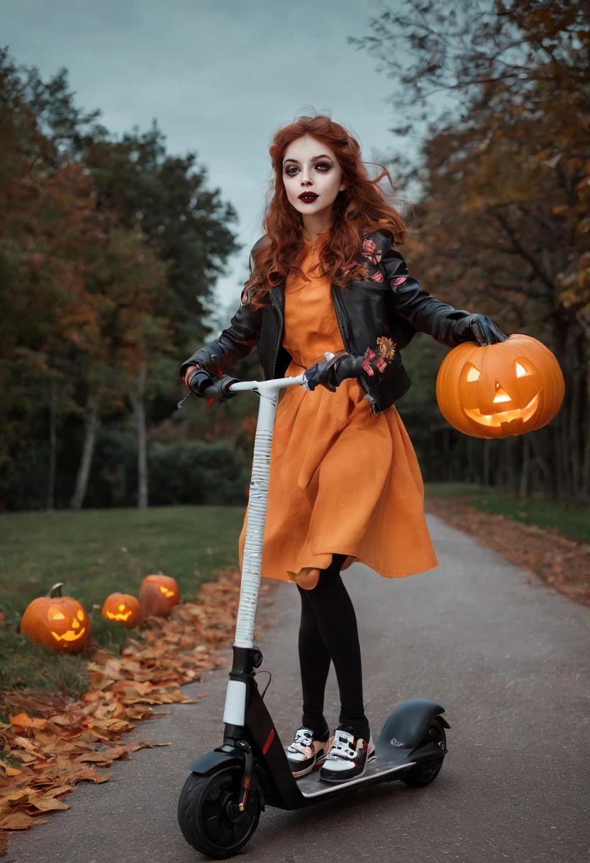 (A girl riding an electric scooter,child,Halloween,fun,excitement),vibrant colors,fast motion,street lights,costumes,candy,festive decorations,smiling faces,trick-or-treating,nighttime activity,outdoor,urban scene,winding streets,dark shadows,autumn leaves,brightly lit houses,eerie atmosphere,rustling of leaves,childhood memories,pumpkins and Jack-o'-lanterns,laughter and giggles,costume parties,carnival games,spooky masks,flickering candles,moonlit sky,playful pranks,downhill ride,smooth pavement,wind blowing through hair,happy girl,curiosity,adventure.